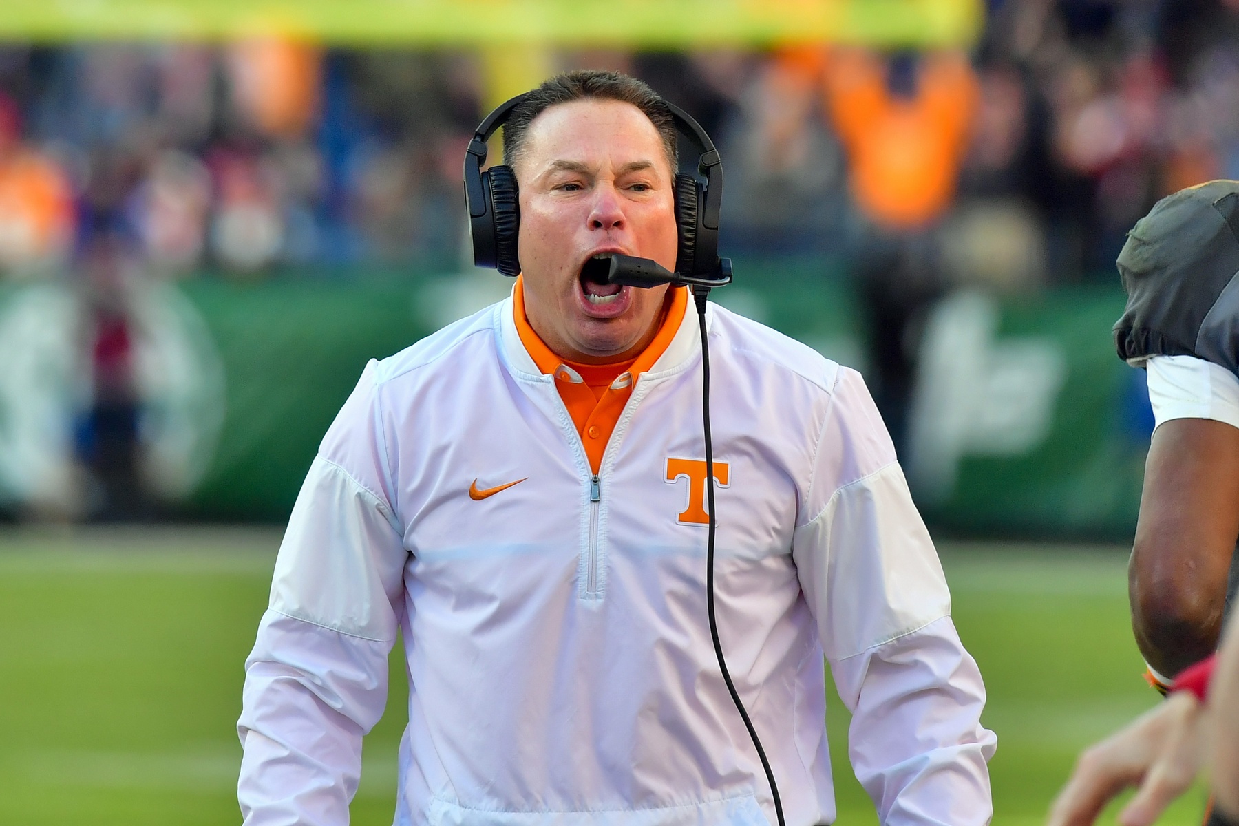 Dec 30, 2016; Nashville , TN, USA; Tennessee Volunteers head coach Butch Jones reacts to his team scoring a touchdown against the Nebraska Cornhuskers during the first half at Nissan Stadium. Mandatory Credit: Jim Brown-USA TODAY Sports