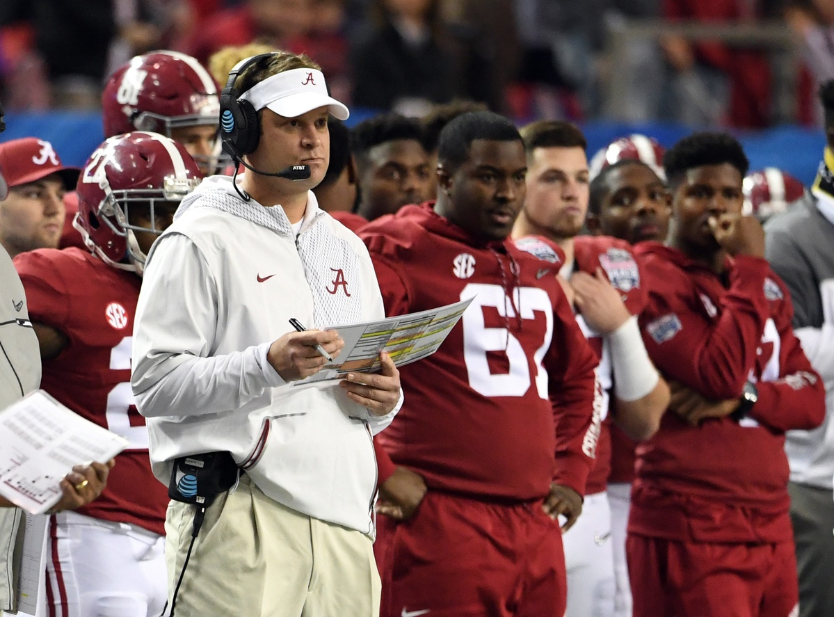 Dec 31, 2016; Atlanta, GA, USA; Alabama Crimson Tide offensive coordinator Lane Kiffin on the sidelines during the first quarter in the 2016 CFP semifinal against the Washington Huskies at the Peach Bowl at the Georgia Dome. Mandatory Credit: John David Mercer-USA TODAY Sports