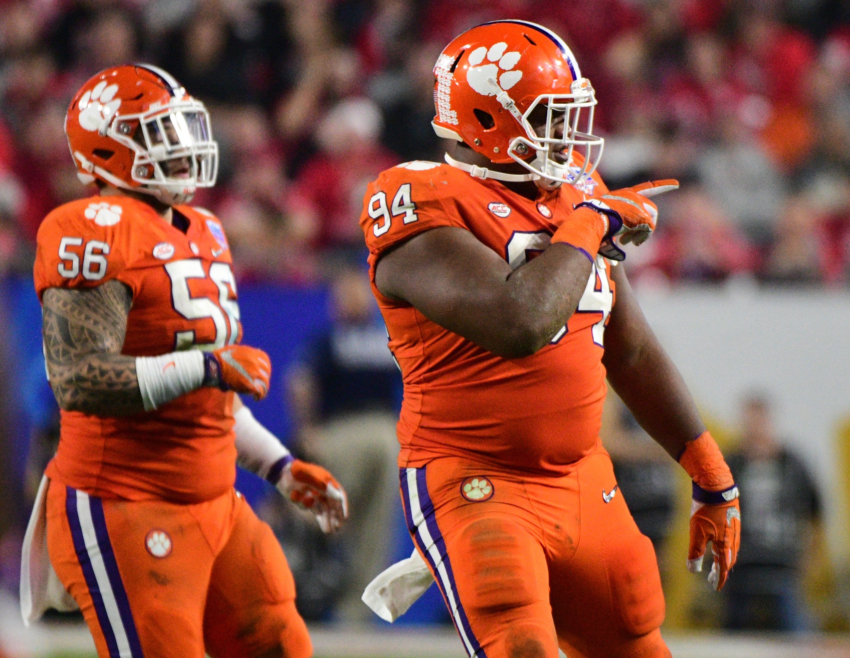 Dec 31, 2016; Glendale, AZ, USA; Clemson Tigers defensive tackle Carlos Watkins (94) reacts during the fourth quarter in the 2016 CFP semifinal against the Ohio State Buckeyes at University of Phoenix Stadium. Mandatory Credit: Matt Kartozian-USA TODAY Sports