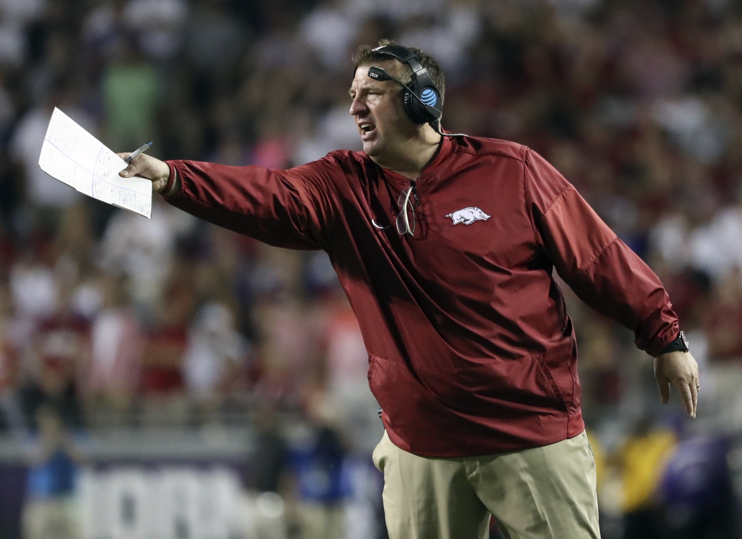Sep 10, 2016; Fort Worth, TX, USA; Arkansas Razorbacks head coach Bret Bielema during the game against the TCU Horned Frogs at Amon G. Carter Stadium. Mandatory Credit: Kevin Jairaj-USA TODAY Sports
