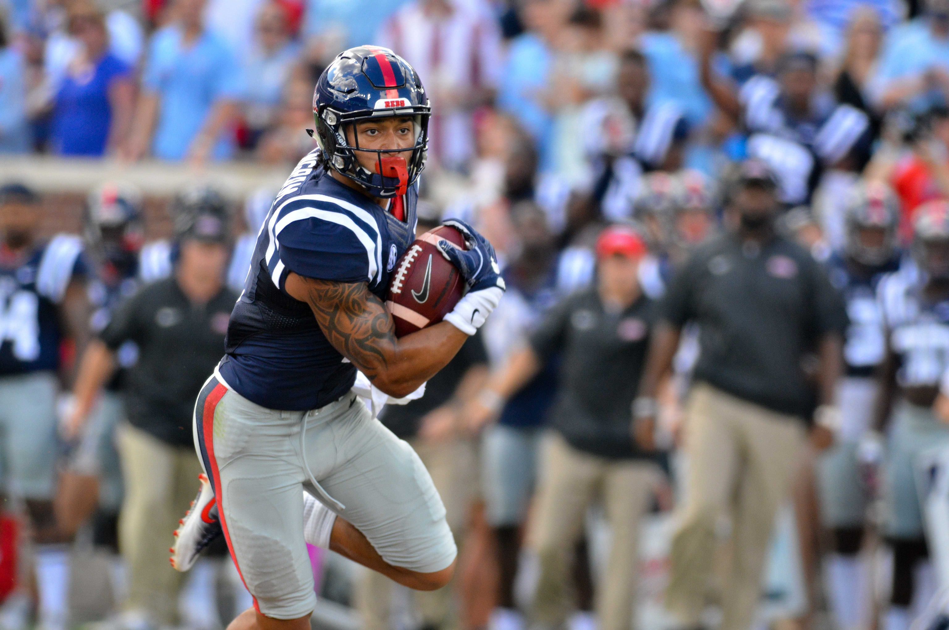 Sep 17, 2016; Oxford, MS, USA; Mississippi Rebels tight end Evan Engram (17) runs the ball during the game against the Alabama Crimson Tide at Vaught-Hemingway Stadium. Alabama won 48-43. Mandatory Credit: Matt Bush-USA TODAY Sports