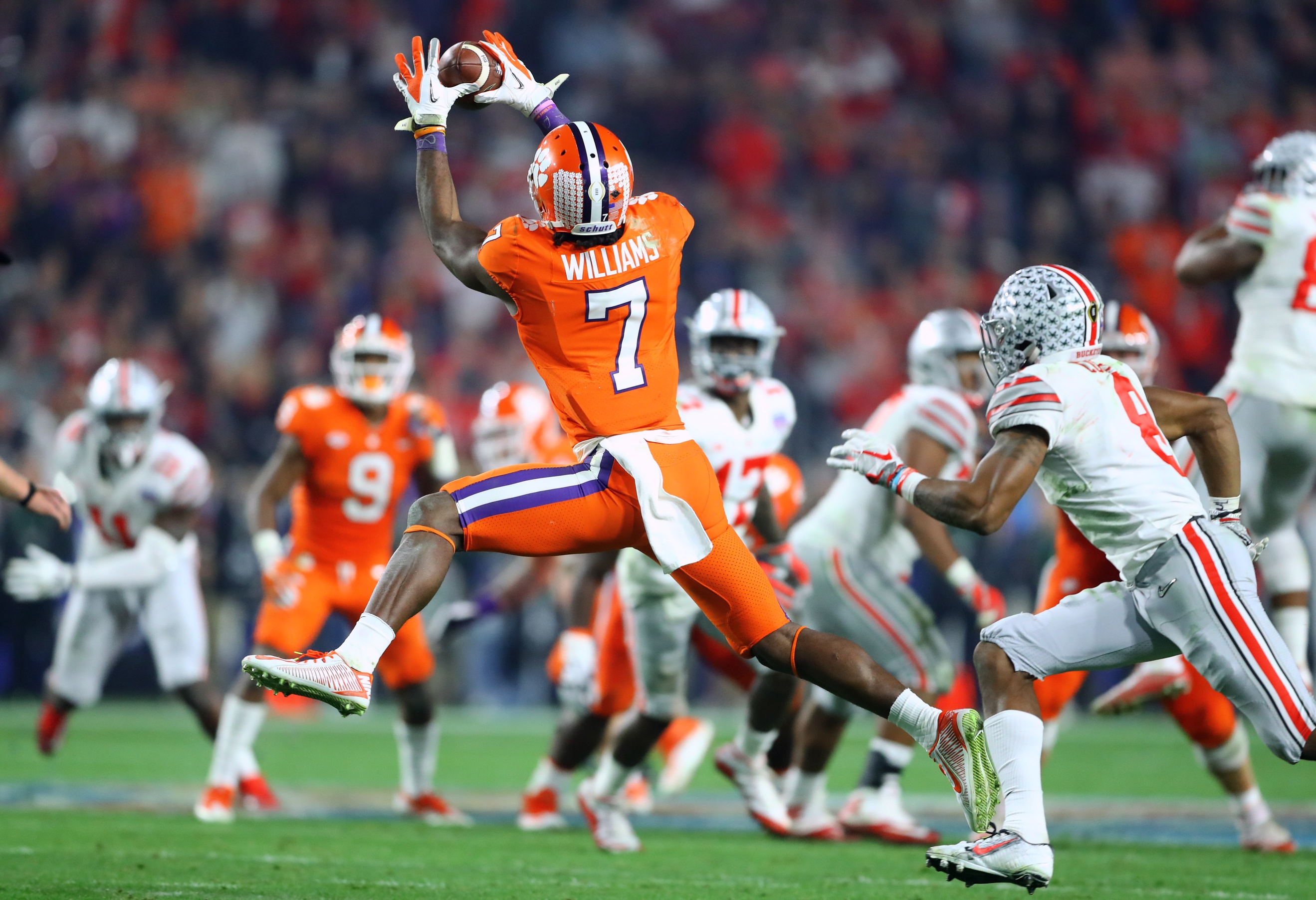 December 31, 2016; Glendale, AZ, USA; Clemson Tigers wide receiver Mike Williams (7) against the Ohio State Buckeyes in the the 2016 CFP semifinal at University of Phoenix Stadium. Mandatory Credit: Mark J. Rebilas-USA TODAY Sports