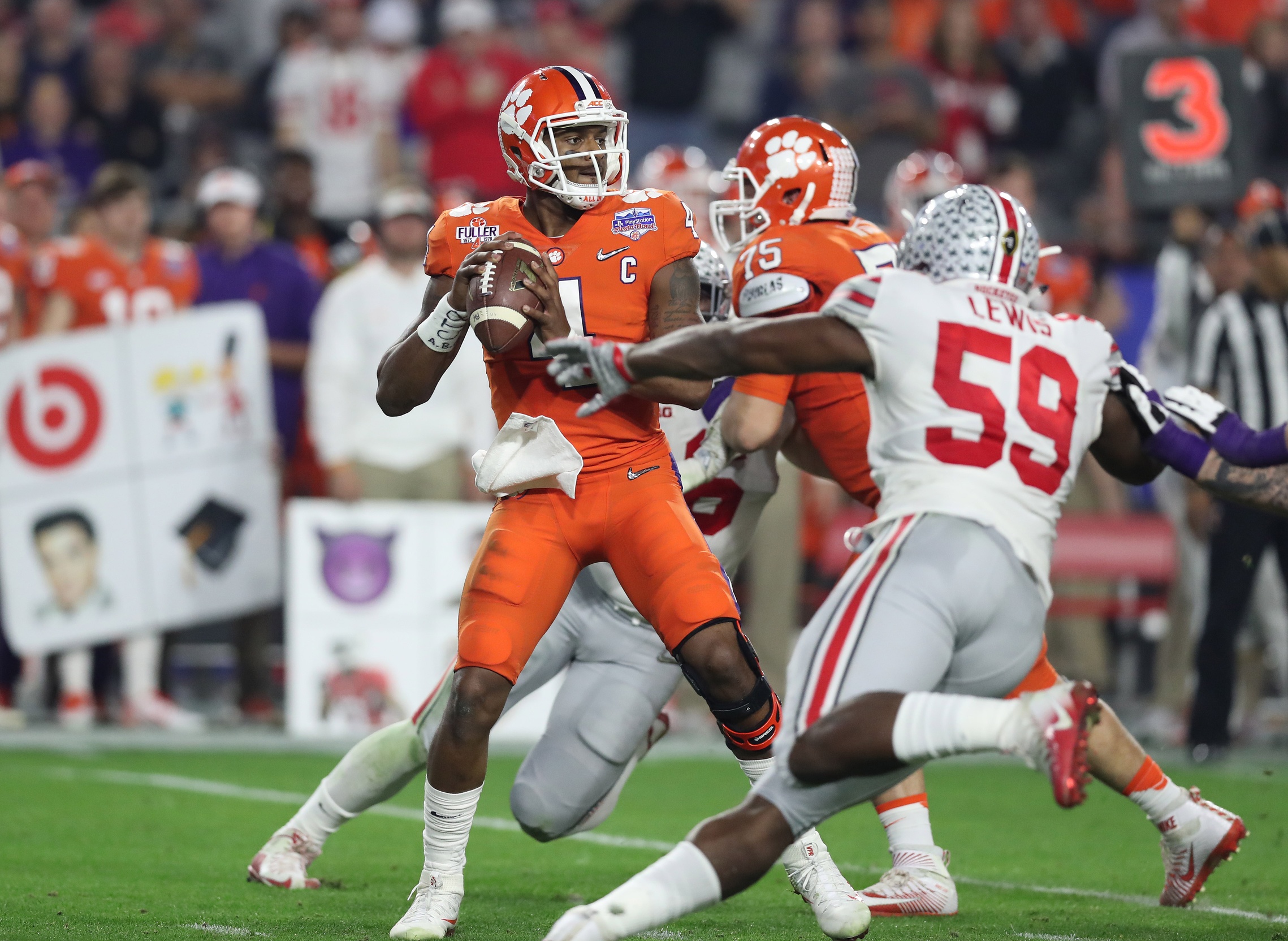 Dec 31, 2016; Glendale, AZ, USA; Clemson Tigers quarterback Deshaun Watson (4) throws in the pocket against the Ohio State Buckeyes at University of Phoenix Stadium. Mandatory Credit: Matthew Emmons-USA TODAY Sports