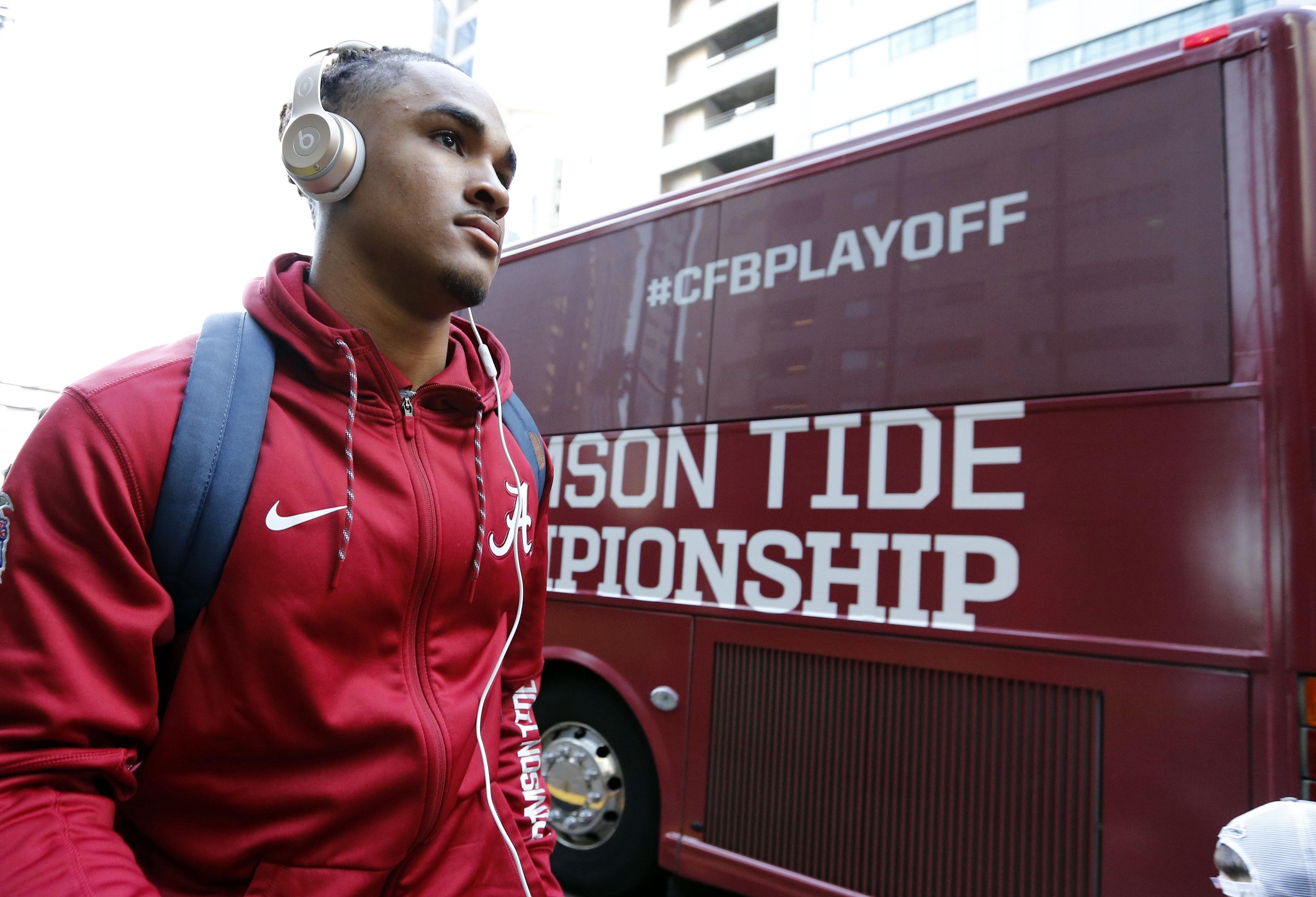 Jan 6, 2017; Tampa, FL, USA; Alabama Crimson Tide quarterback Jalen Hurts (2) arrives for their upcoming game against the Clemson Tigers in the CFP National Championship. Mandatory Credit: Kim Klement-USA TODAY Sports
