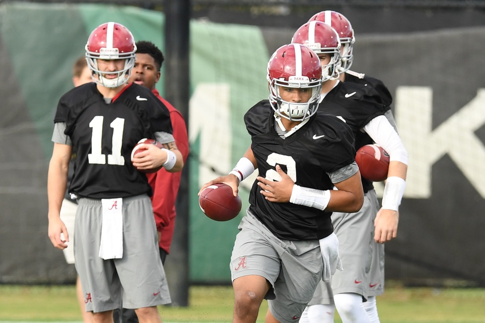 Jan 7, 2017; Tampa, FL, USA; Alabama Crimson Tide quarterback Jalen Hurts (2) runs drills during the Alabama Crimson Tide practice at Frank Morsani Football Complex. Mandatory Credit: John David Mercer-USA TODAY Sports