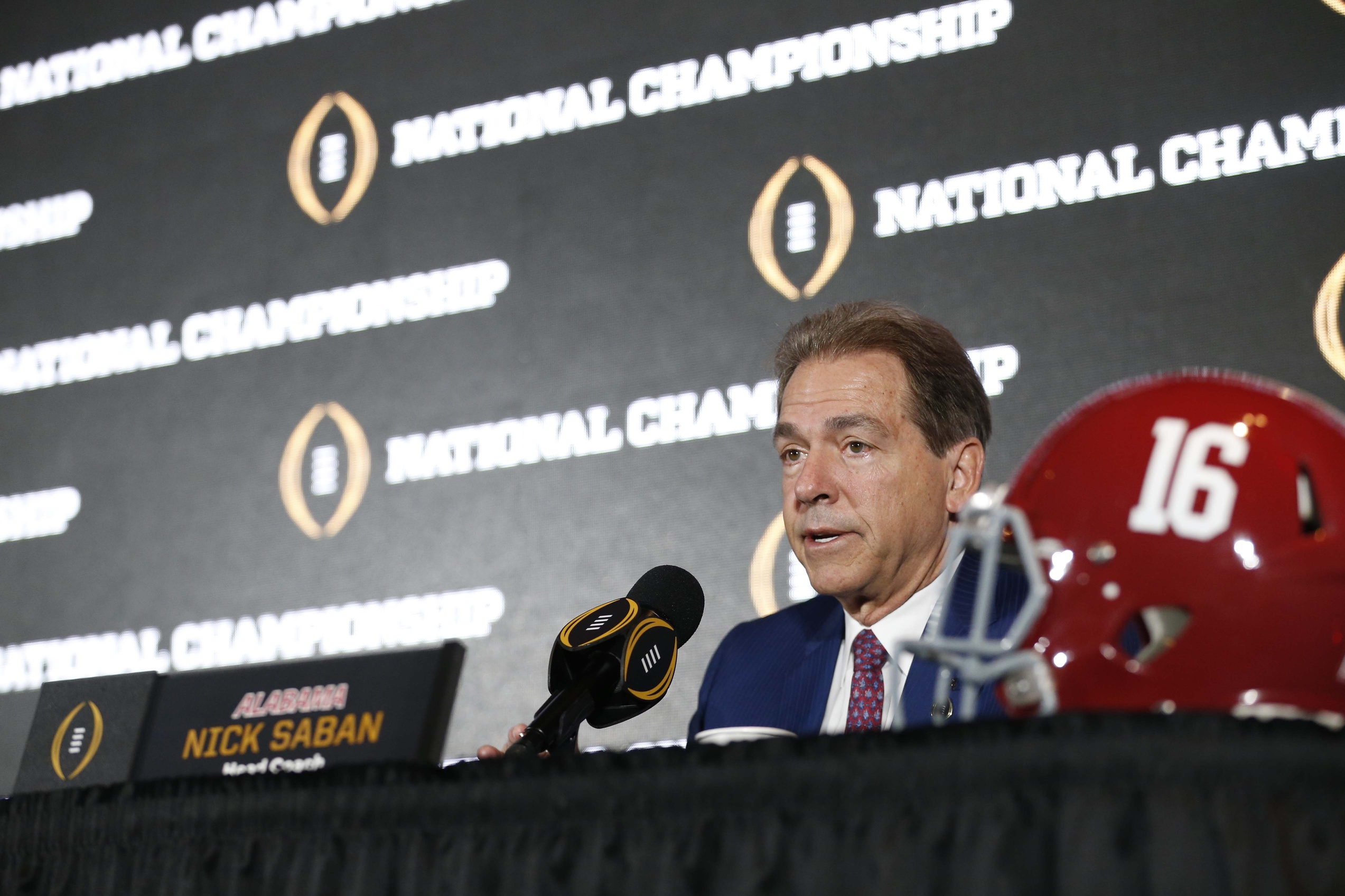 Jan 8, 2017; Tampa, FL, USA; Alabama Crimson Tide head coach Nick Saban speaks to media during the head coaches news conference at the Tampa Convention Center. Mandatory Credit: Kim Klement-USA TODAY Sports