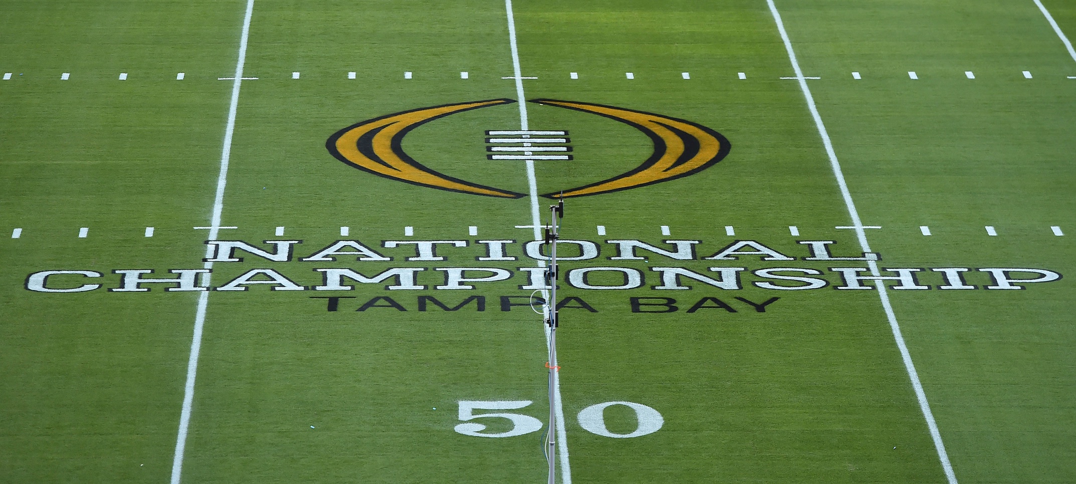 Jan 9, 2017; Tampa, FL, USA; A general view of the logo on the field before the 2017 College Football Playoff National Championship Game between the Alabama Crimson Tide and the Clemson Tigers at Raymond James Stadium. Mandatory Credit: Jasen Vinlove-USA TODAY Sports