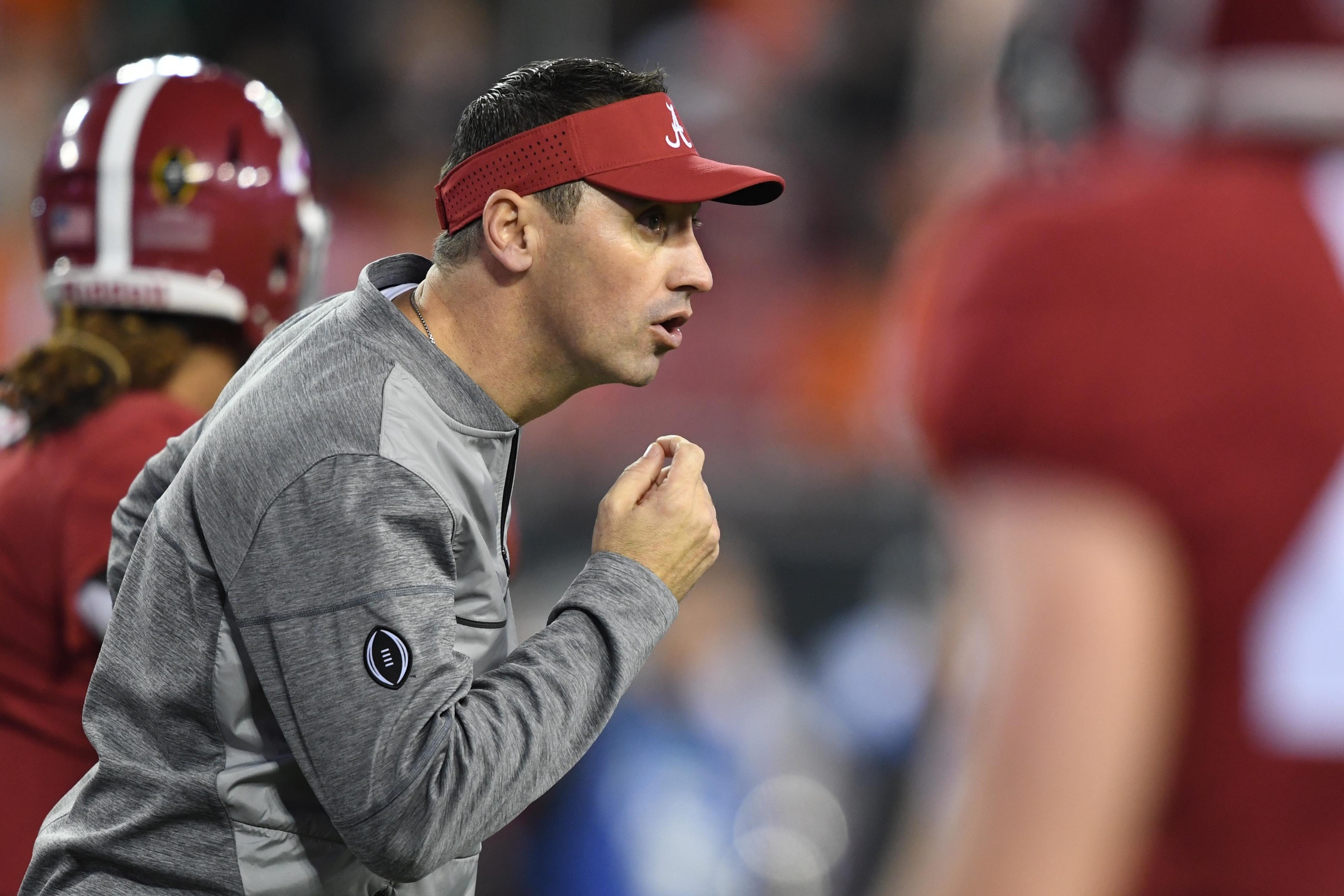 Jan 9, 2017; Tampa, FL, USA; Alabama Crimson Tide offensive coordinator Steve Sarkisian motions during warm ups prior to the game against the Clemson Tigers in the 2017 College Football Playoff National Championship Game at Raymond James Stadium. Mandatory Credit: John David Mercer-USA TODAY Sports