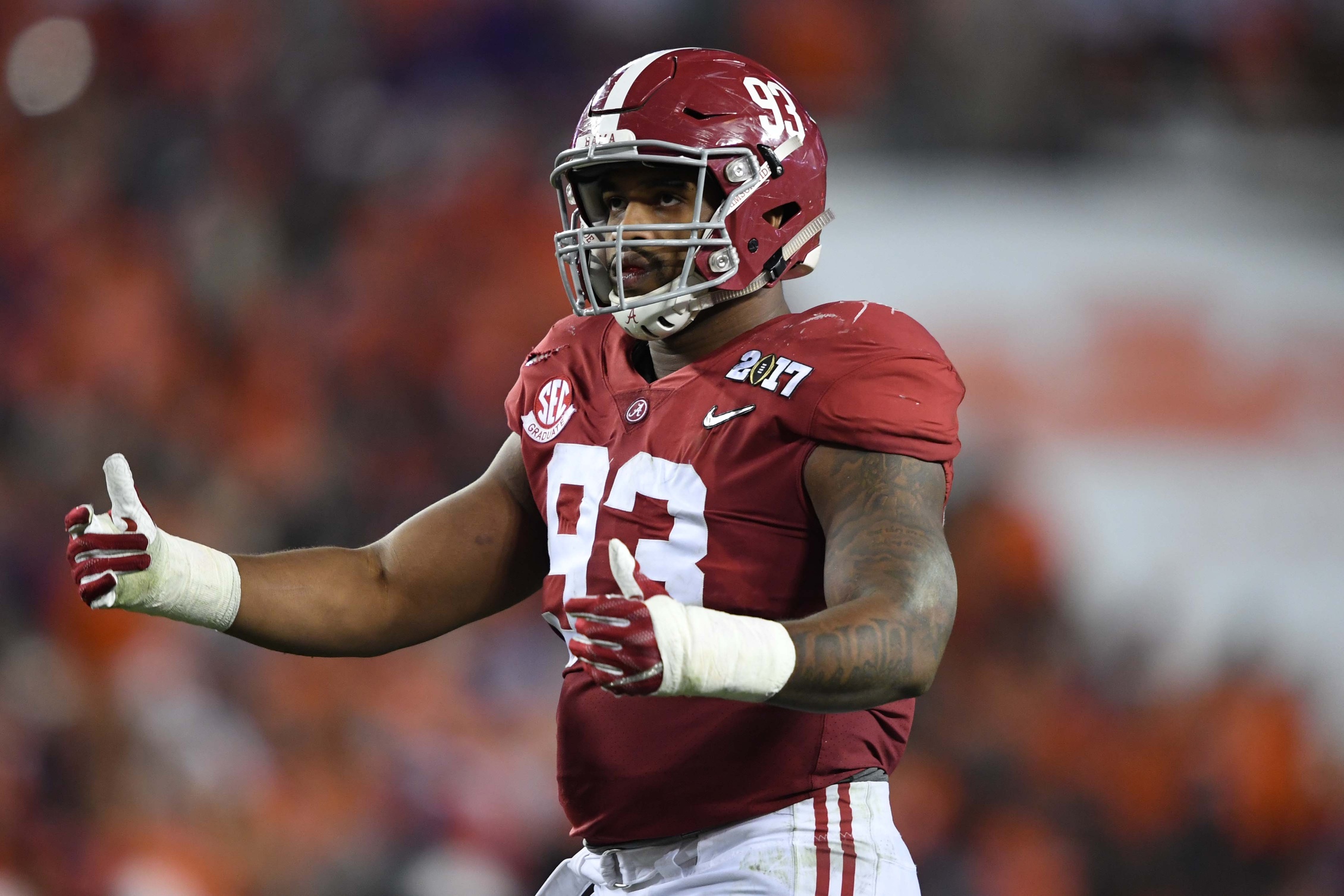 Jan 9, 2017; Tampa, FL, USA; Alabama Crimson Tide defensive lineman Jonathan Allen (93) reacts during the second quarter against the Clemson Tigers in the 2017 College Football Playoff National Championship Game at Raymond James Stadium. Mandatory Credit: John David Mercer-USA TODAY Sports