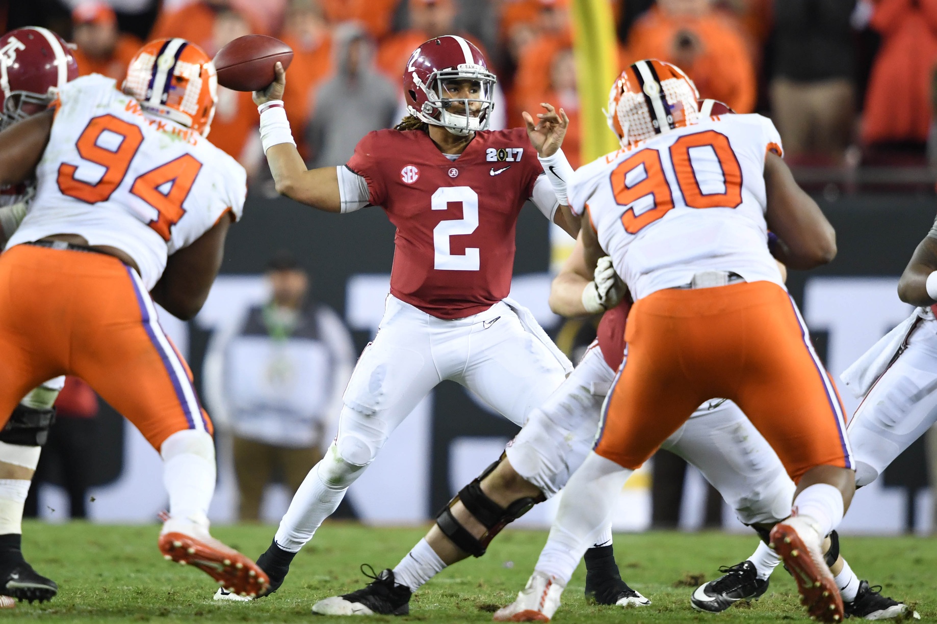 Jan 9, 2017; Tampa, FL, USA; Alabama Crimson Tide quarterback Jalen Hurts (2) looks to pass during the fourth quarter against the Clemson Tigers in the 2017 College Football Playoff National Championship Game at Raymond James Stadium. Mandatory Credit: John David Mercer-USA TODAY Sports