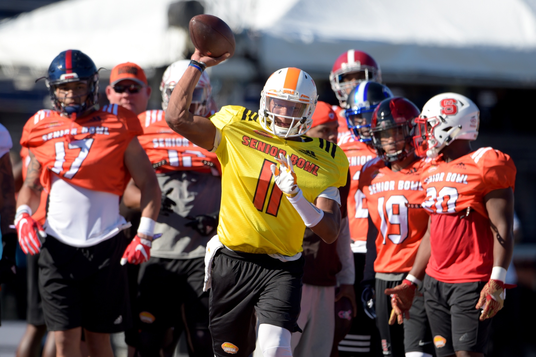 Jan 24, 2017; Mobile, AL, USA; South squad quarterback Josh Dobbs of Tennessee (11) drops back to throw during practice at Ladd-Peebles Stadium. Mandatory Credit: Glenn Andrews-USA TODAY Sports