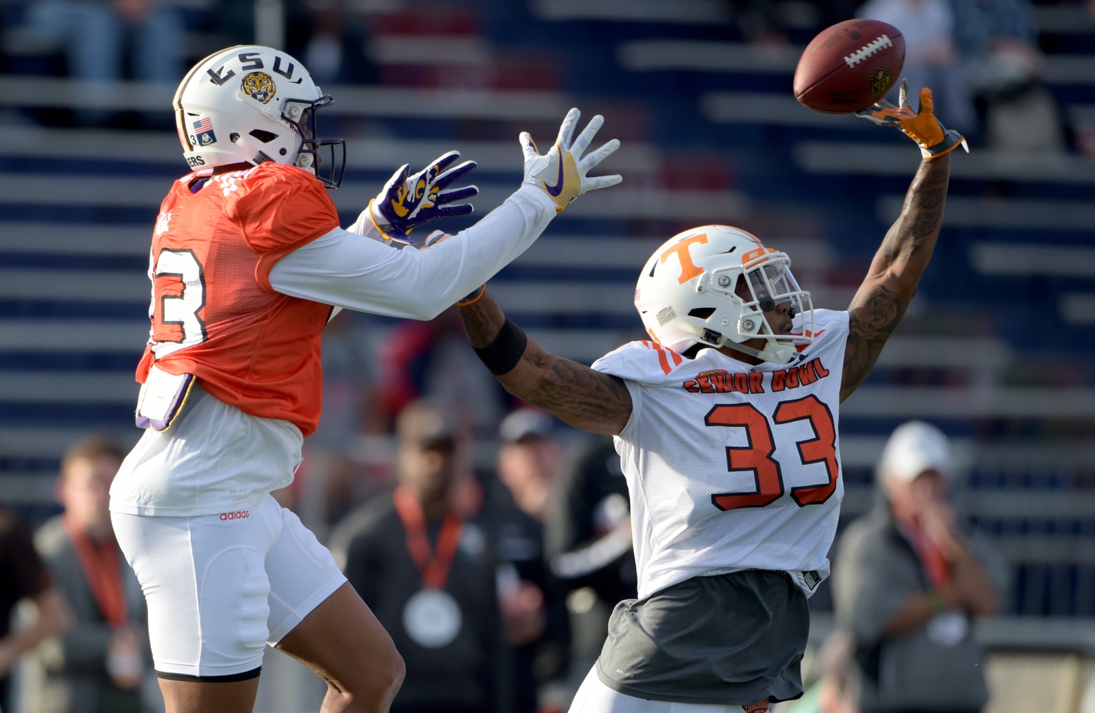 Jan 25, 2017; Mobile, AL, USA; South squad cornerback Cameron Sutton of Tennessee (33) breaks up a pass intended for wide receiver Travin Dural of LSU (83) during Senior Bowl practice at Ladd-Peebles Stadium. Mandatory Credit: Glenn Andrews-USA TODAY Sports