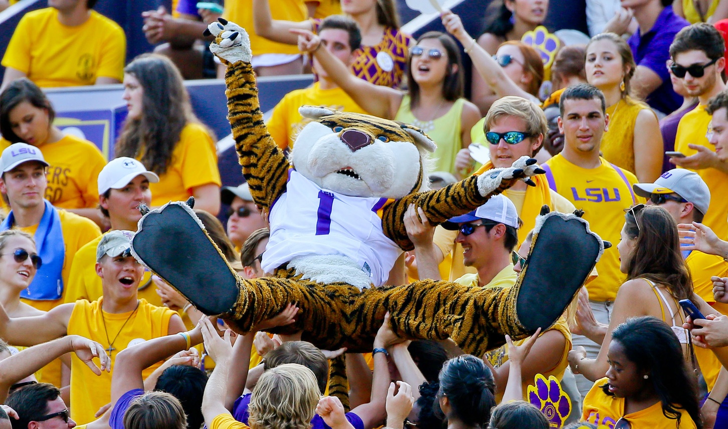 Sep 19, 2015; Baton Rouge, LA, USA; LSU Tigers mascot Mike the Tiger crowd surfs during the third quarter of a game against the Auburn Tigers at Tiger Stadium. Mandatory Credit: Derick E. Hingle-USA TODAY Sports
