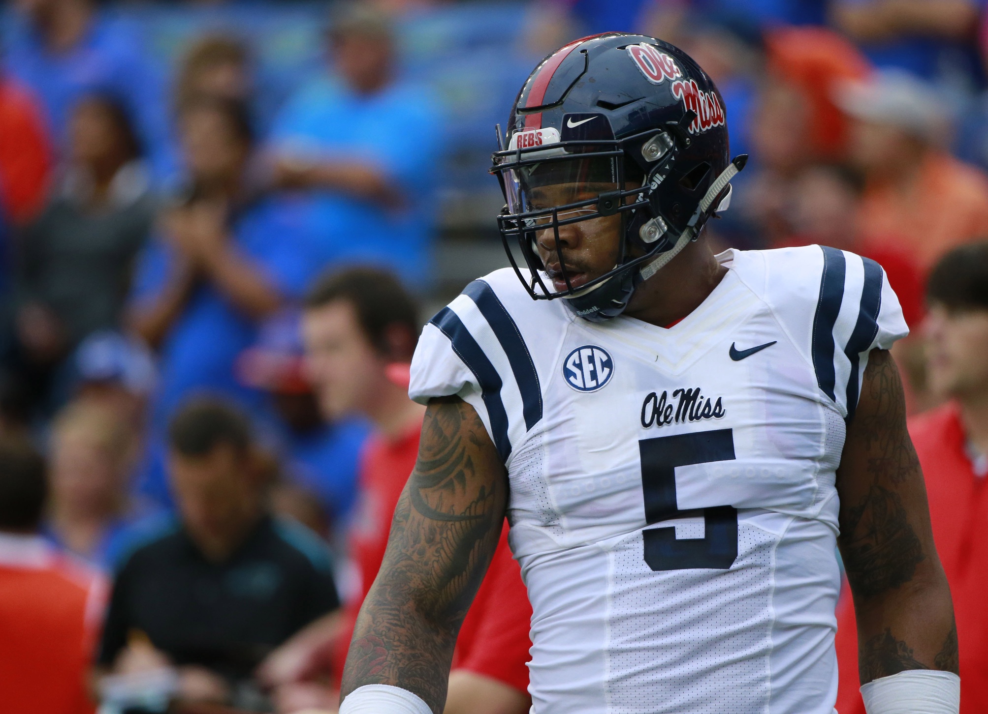 Oct 3, 2015; Gainesville, FL, USA; Mississippi Rebels defensive tackle Robert Nkemdiche (5) looks on prior to the game at Ben Hill Griffin Stadium. Mandatory Credit: Kim Klement-USA TODAY Sports