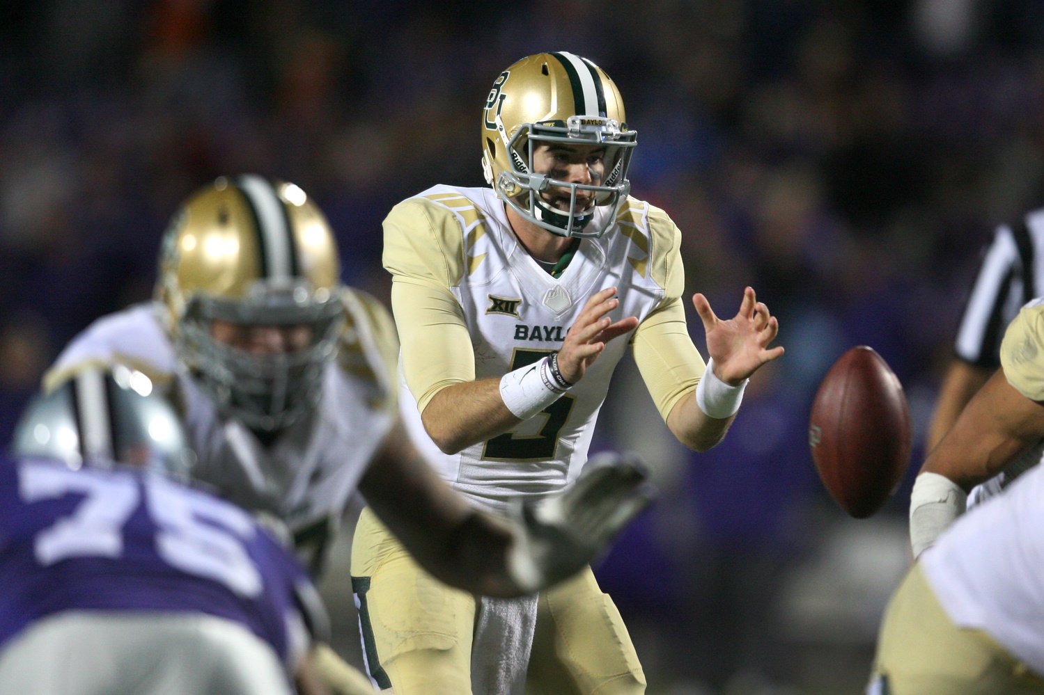 Nov 5, 2015; Manhattan, KS, USA; Baylor Bears quarterback Jarrett Stidham (3) prepares to take a snap during the second half against the Kansas State Wildcats at Bill Snyder Family Football Stadium. The Bears won 31-24. Mandatory Credit: Scott Sewell-USA TODAY Sports