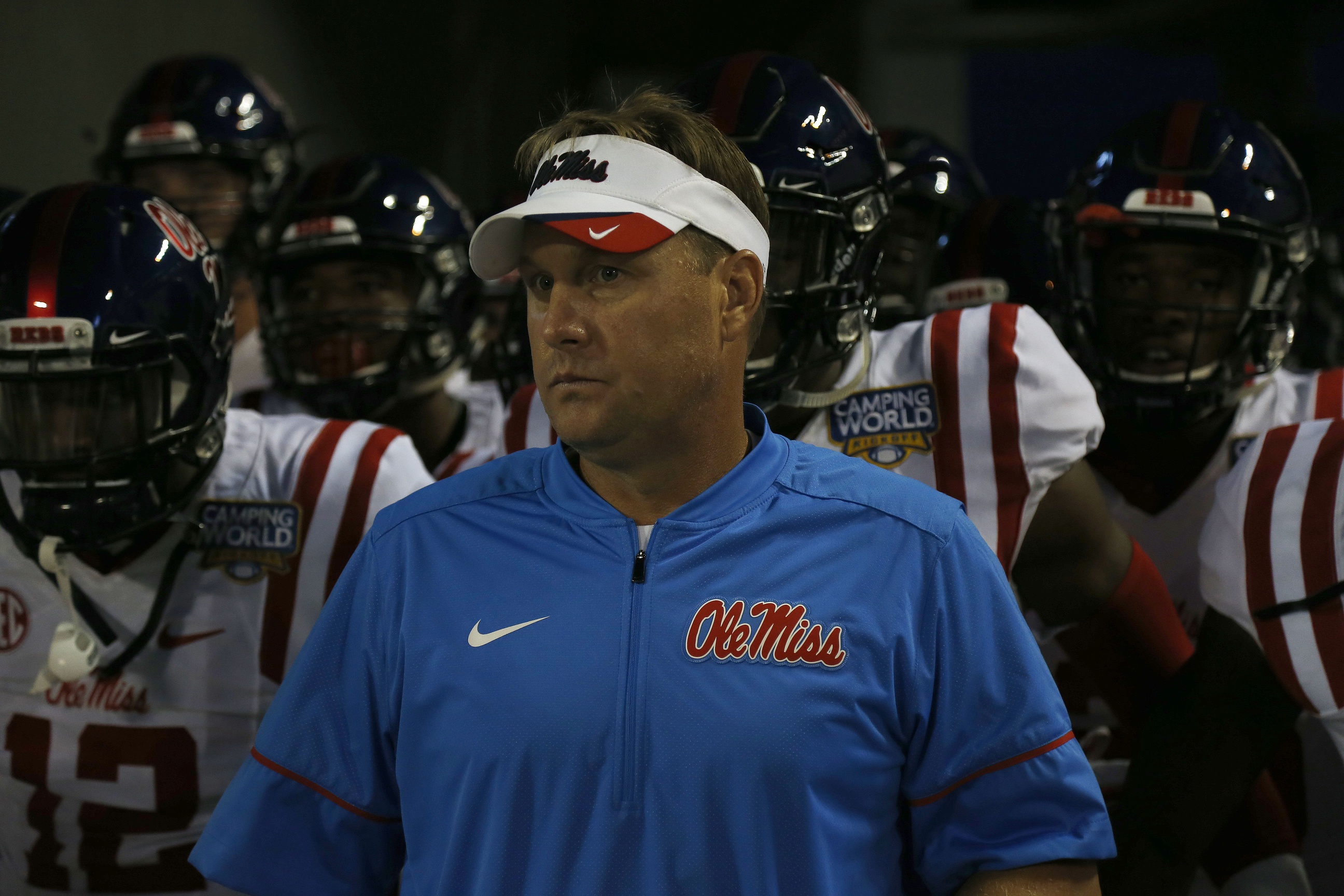 Sep 5, 2016; Orlando, FL, USA; Mississippi Rebels head coach Hugh Freeze gets ready to run out of the tunnel with teammates before there game against the Florida State Seminoles at Camping World Stadium. Mandatory Credit: Kim Klement-USA TODAY Sports