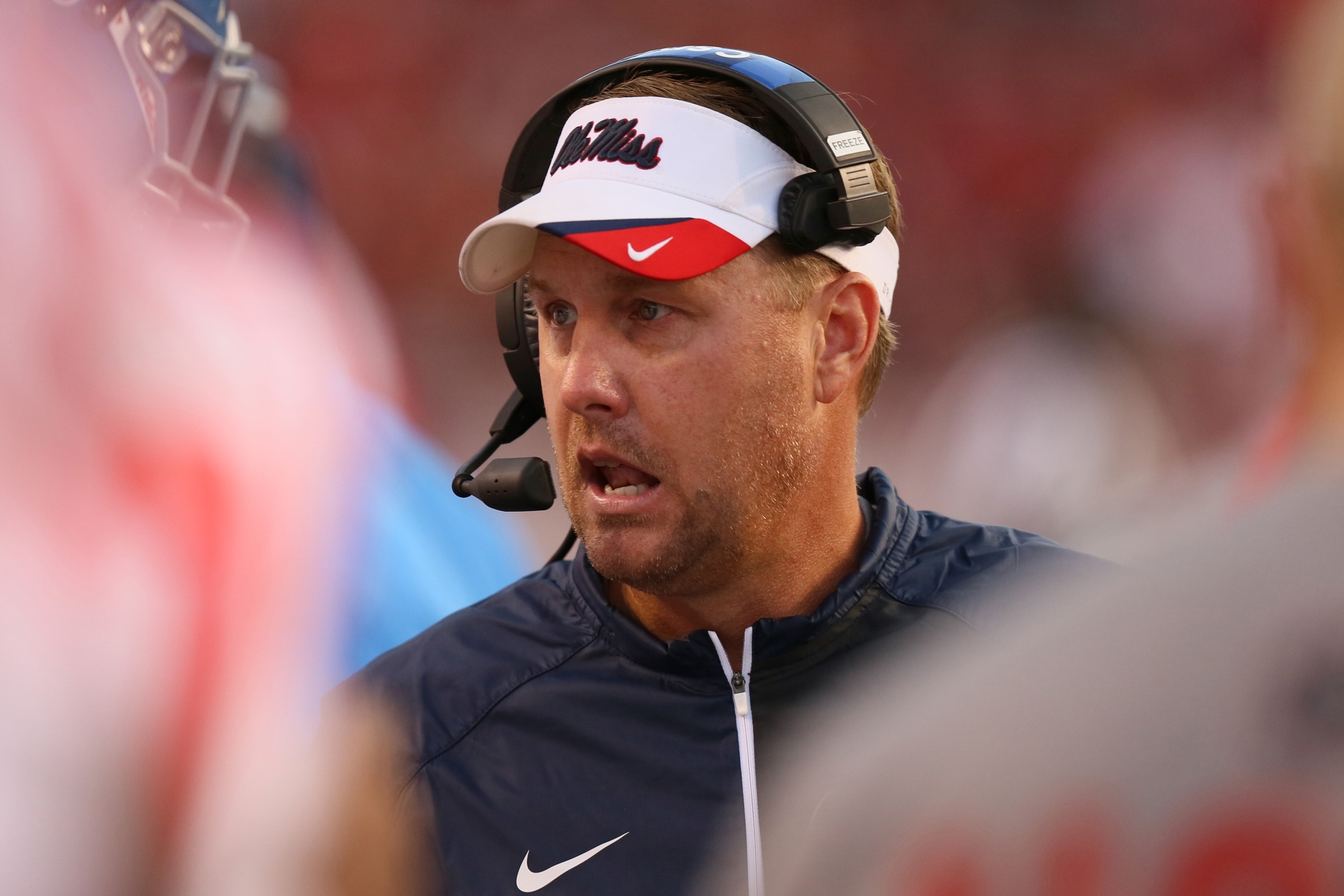 Oct 15, 2016; Fayetteville, AR, USA; Ole Miss Rebels head coach Hugh Freeze during the first quarter against the Arkansas Razorbacks at Donald W. Reynolds Razorback Stadium. Mandatory Credit: Nelson Chenault-USA TODAY Sports