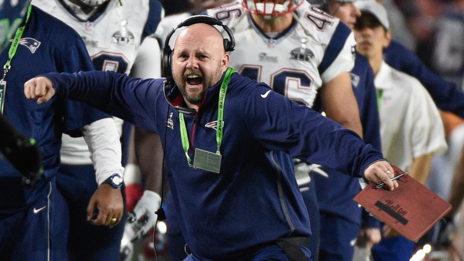 Feb 1, 2015; Glendale, AZ, USA; New England Patriots tight ends coach Brian Daboll during Super Bowl XLIX against the Seattle Seahawks at University of Phoenix Stadium. The Patriots defeated the Seahawks 28-24. Mandatory Credit: Kyle Terada-USA TODAY Sports