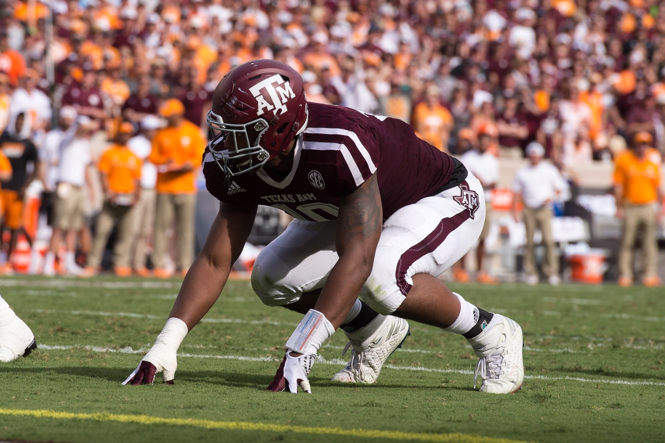 Oct 8, 2016; College Station, TX, USA; Texas A&M Aggies defensive lineman Daeshon Hall (10) in action during the game against the Tennessee Volunteers at Kyle Field. The Aggies defeat the Volunteers 45-38 in overtime. Mandatory Credit: Jerome Miron-USA TODAY Sports