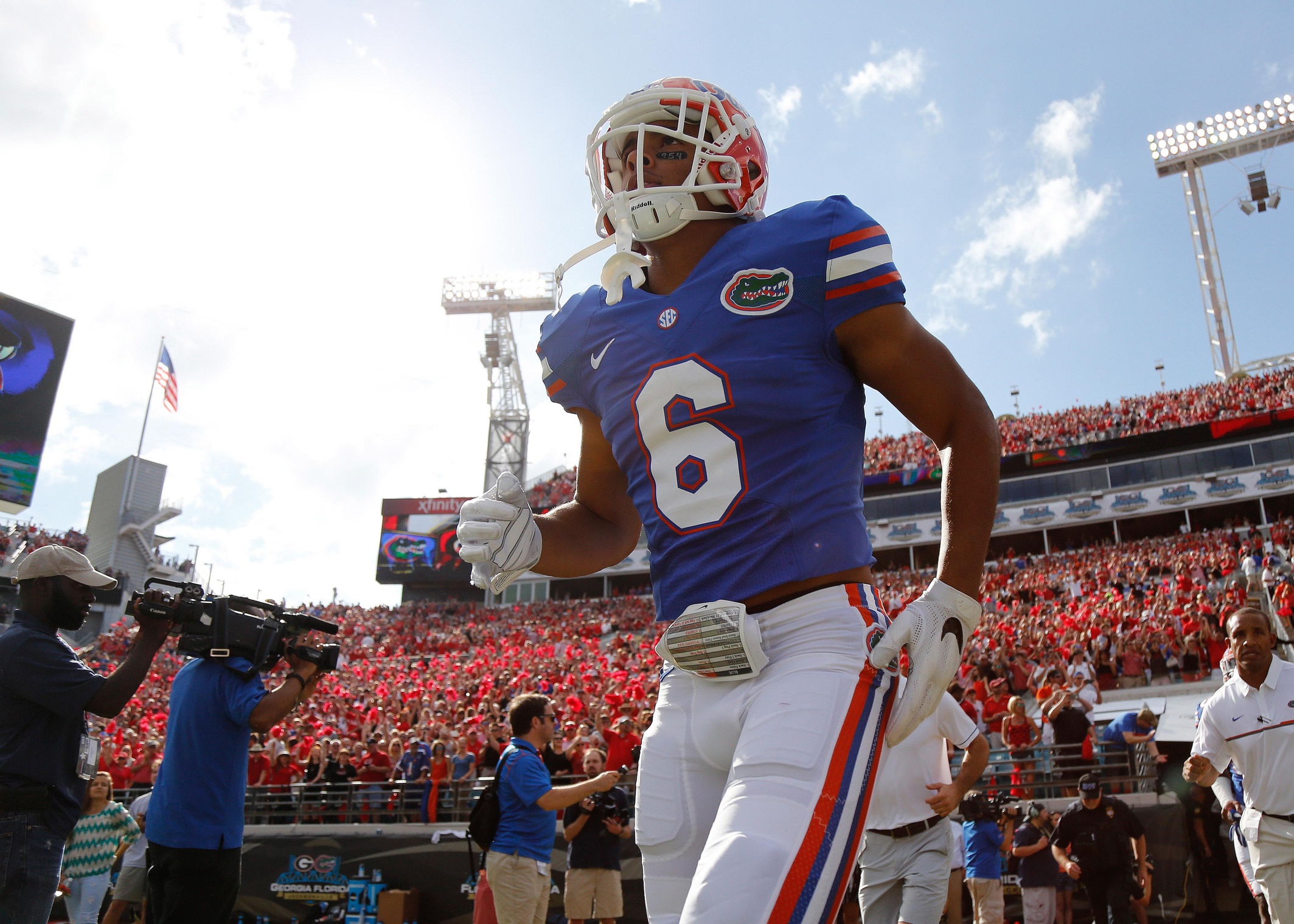 Oct 29, 2016; Jacksonville, FL, USA; Florida Gators defensive back Quincy Wilson (6) and teammates run out of the tunnel before the game against the Georgia Bulldogs at EverBank Field. Mandatory Credit: Kim Klement-USA TODAY Sports