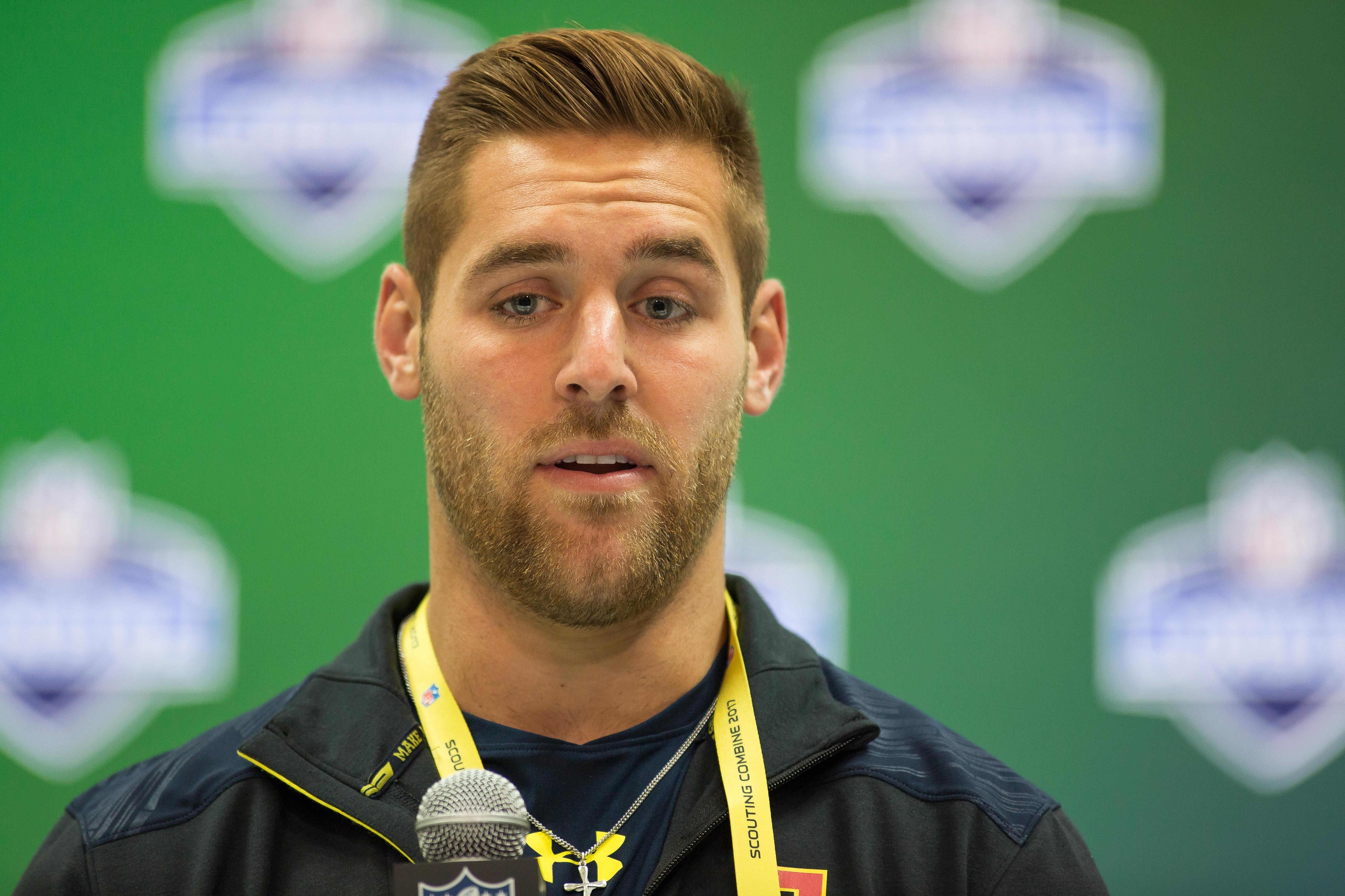 Mar 2, 2017; Indianapolis, IN, USA; Texas A&M quarterback Trevor Knight speaks to the media during the 2017 combine at Indiana Convention Center. Mandatory Credit: Trevor Ruszkowski-USA TODAY Sports