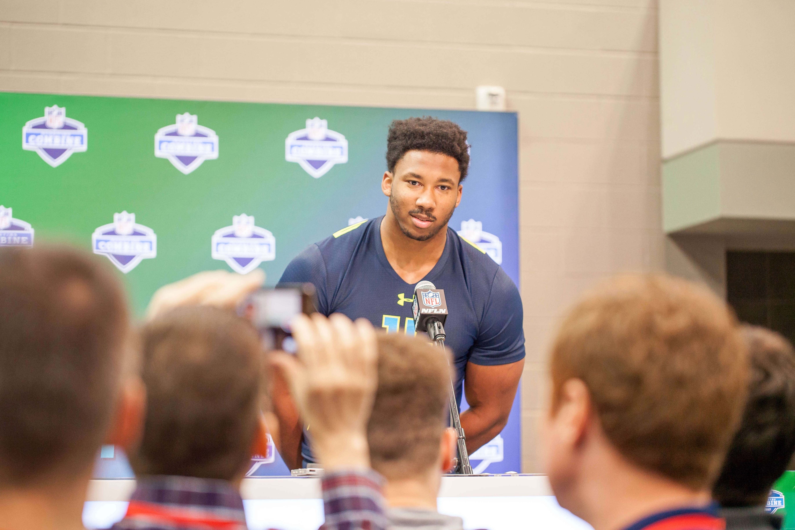 Mar 4, 2017; Indianapolis, IN, USA; Texas A&M defensive end Myles Garrett speaks to the media during the 2017 combine at Indiana Convention Center. Mandatory Credit: Trevor Ruszkowski-USA TODAY Sports