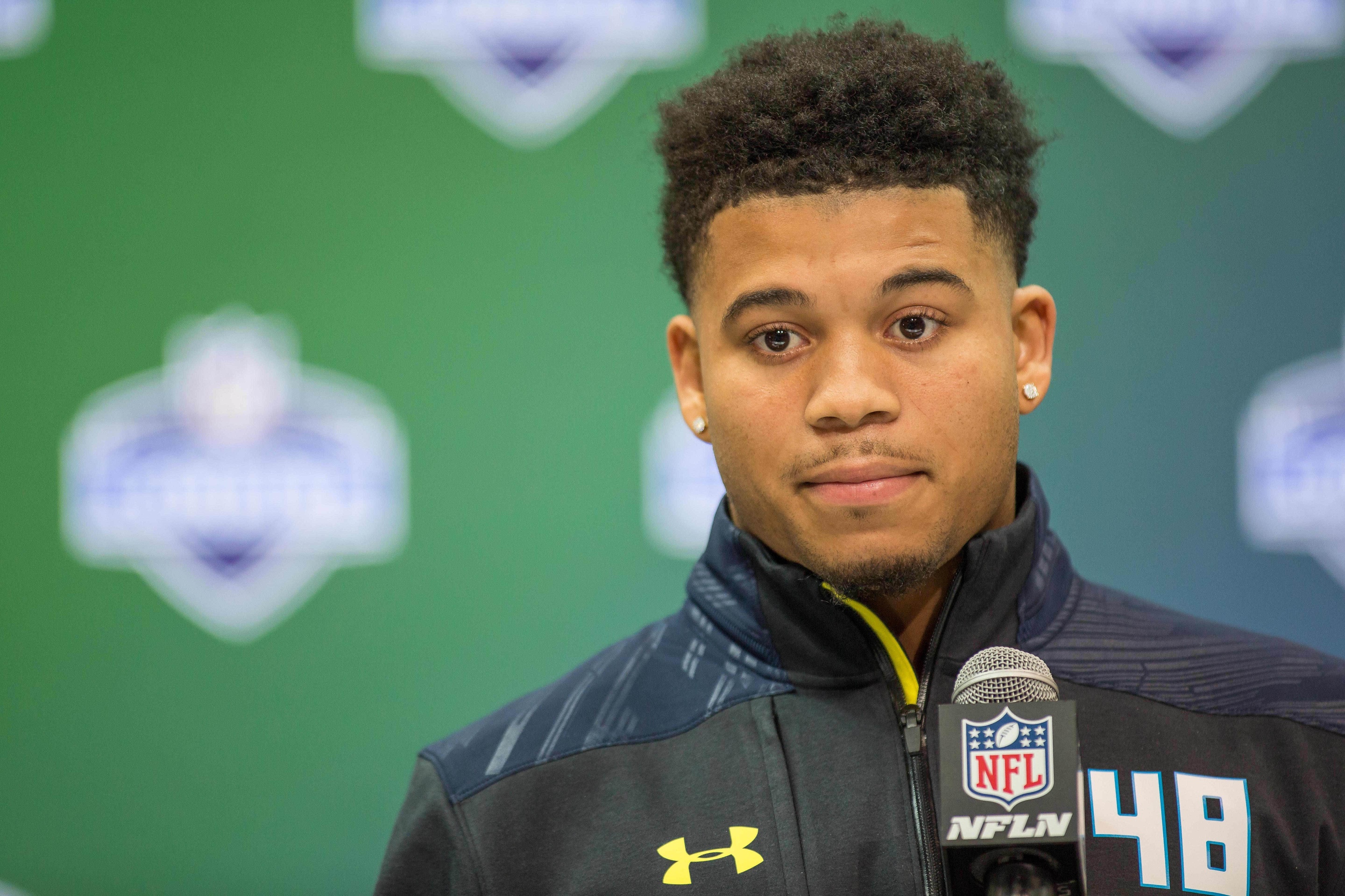 Mar 5, 2017; Indianapolis, IN, USA; Florida Gators defensive back Teez Tabor speaks to the media during the 2017 combine at Indiana Convention Center. Mandatory Credit: Trevor Ruszkowski-USA TODAY Sports