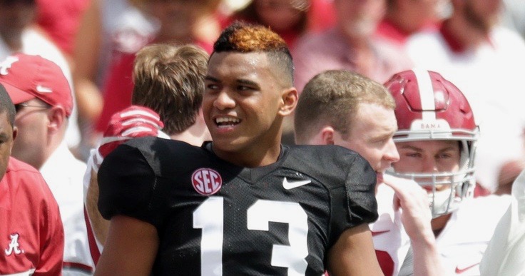 Apr 22, 2017; Tuscaloosa, AL, USA; Alabama Crimson Tide quarterback Tua Tagovailoa (13) during the A-day game at Bryant Denny Stadium. Mandatory Credit: Marvin Gentry-USA TODAY Sports