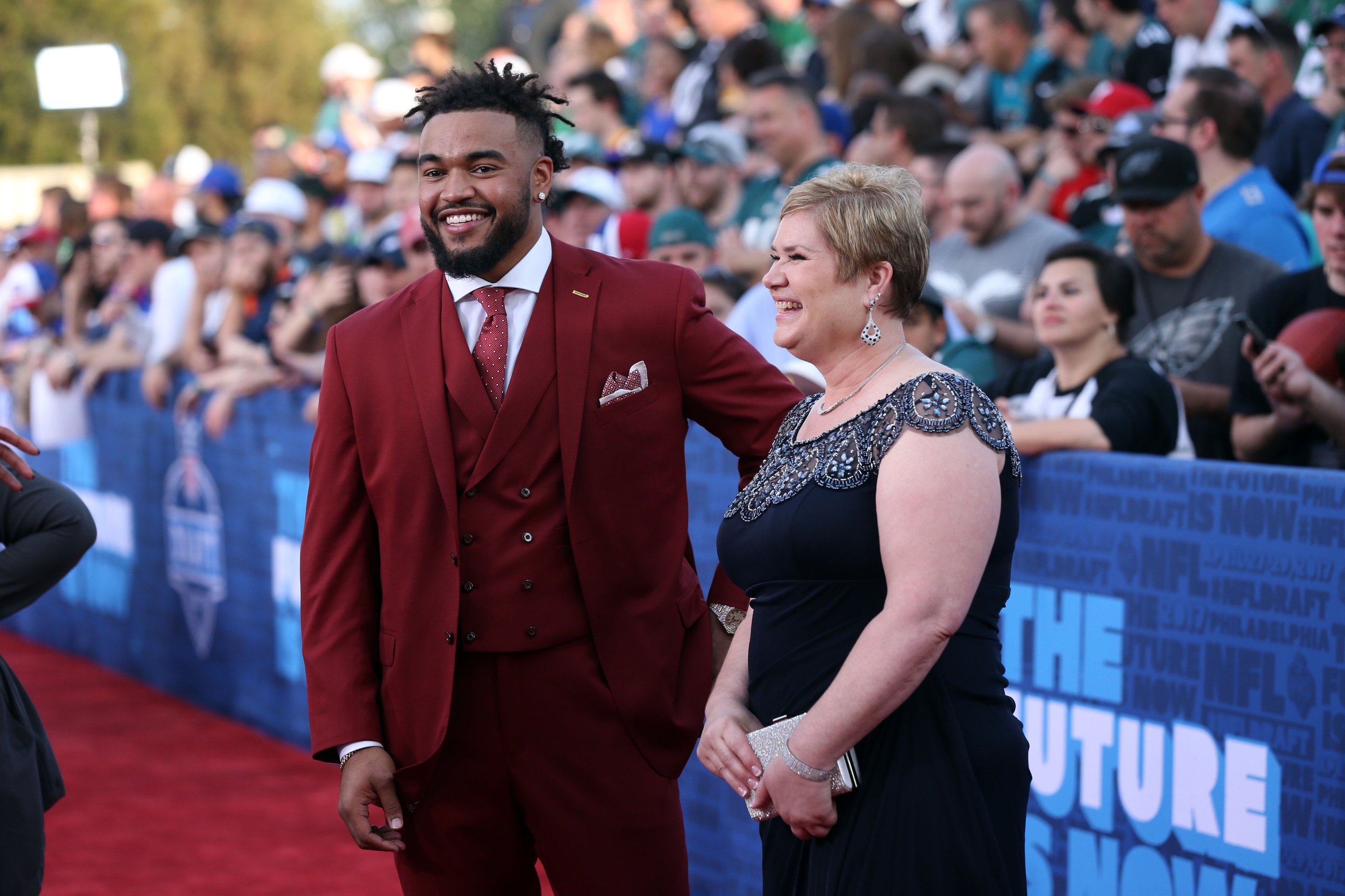 Apr 27, 2017; Philadelphia, PA, USA; Derek Barnett (Tennessee) poses for a photo with his mother Christine Barnett (right) on the red carpet before the start of the NFL Draft at Philadelphia Museum of Art. Mandatory Credit: Bill Streicher-USA TODAY Sports