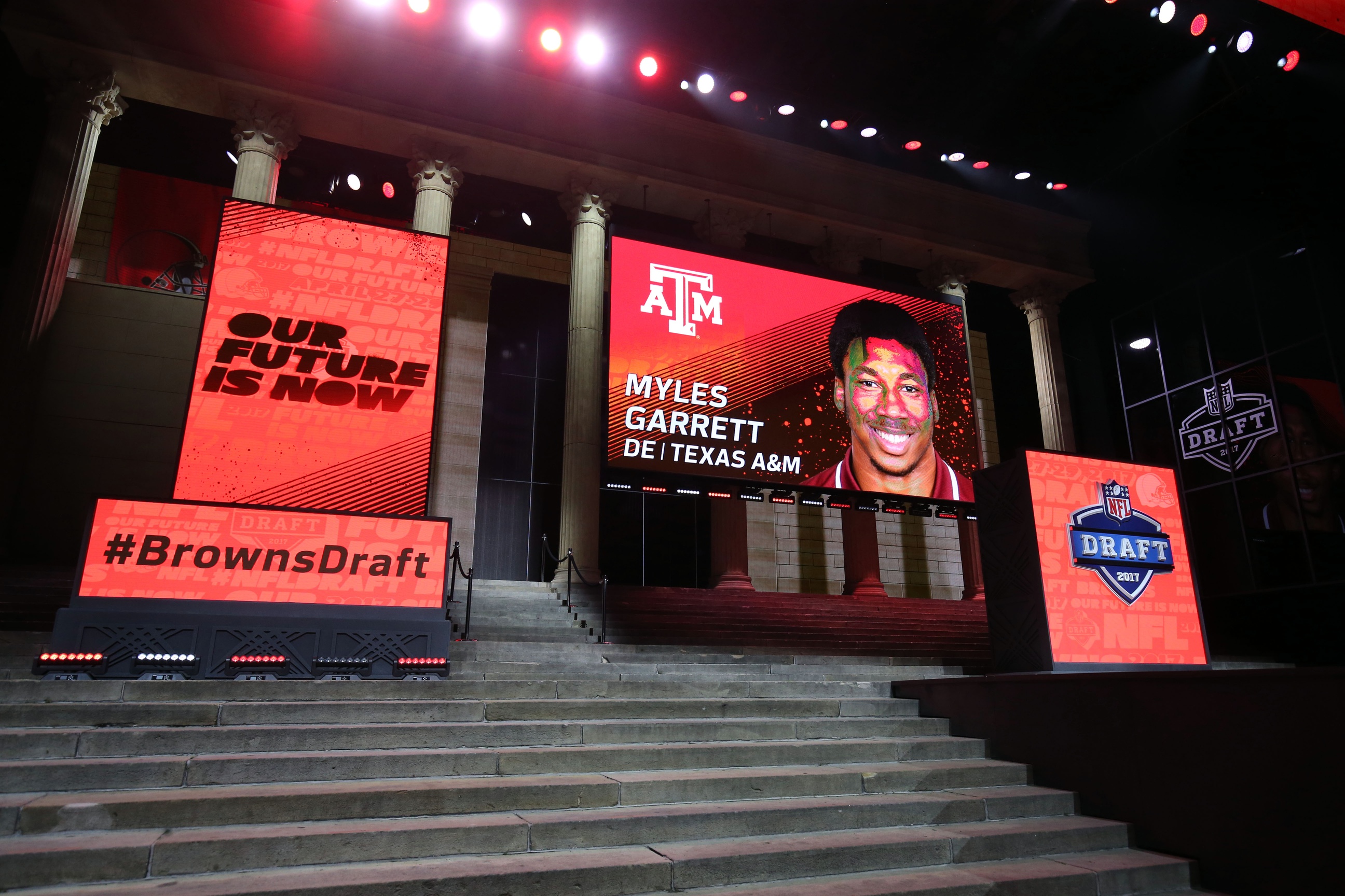 Apr 27, 2017; Philadelphia, PA, USA; Myles Garrett (Texas A&M), not pictured) is announced as the number 1 overall pick to the Cleveland Browns in the first round the 2017 NFL Draft at Philadelphia Museum of Art. Mandatory Credit: Bill Streicher-USA TODAY Sports