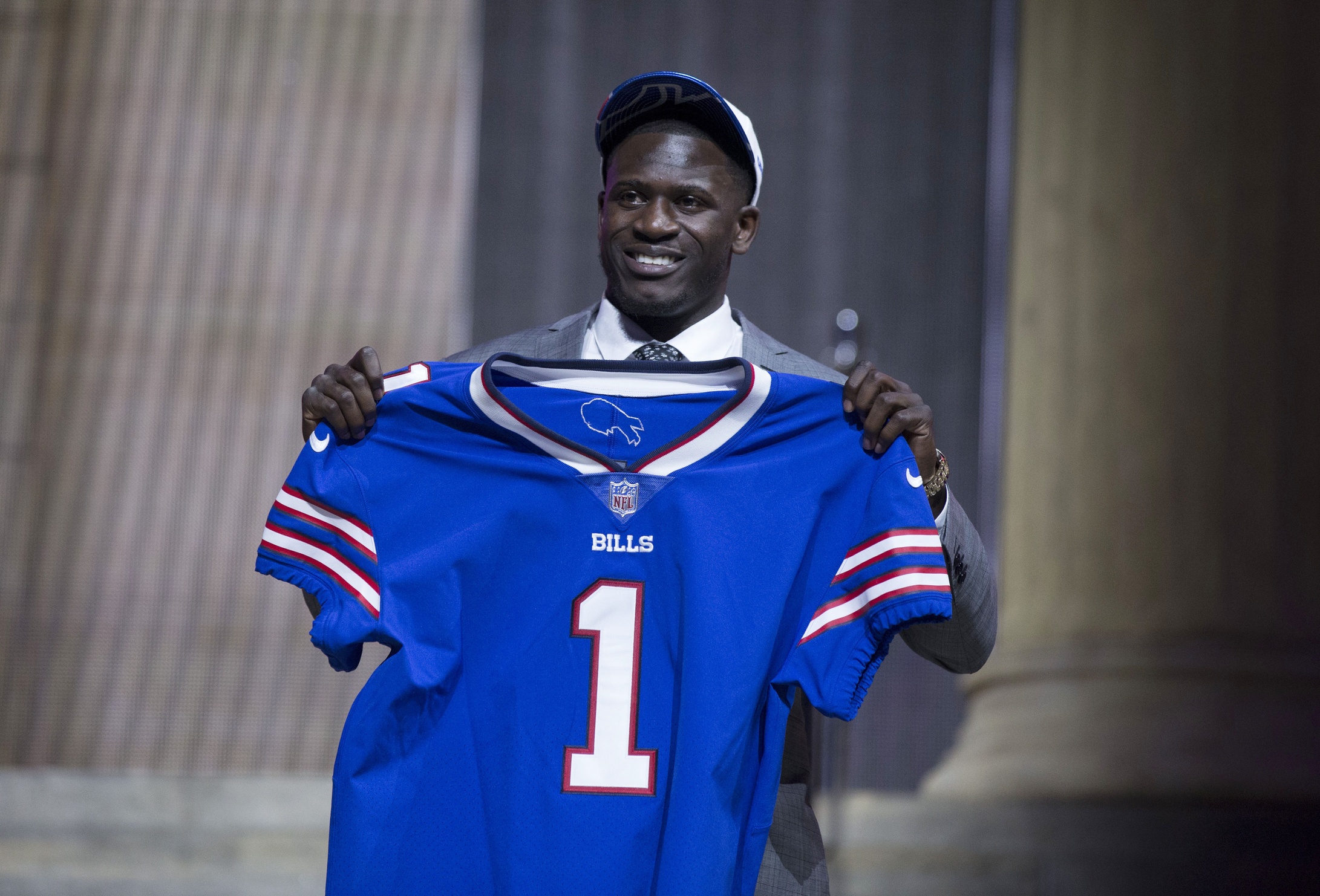 Apr 27, 2017; Philadelphia, PA, USA; Tre'Davious White (LSU) is selected as the number 27 overall pick to the Buffalo Bills in the first round the 2017 NFL Draft at the Philadelphia Museum of Art. Mandatory Credit: Bill Streicher-USA TODAY Sports