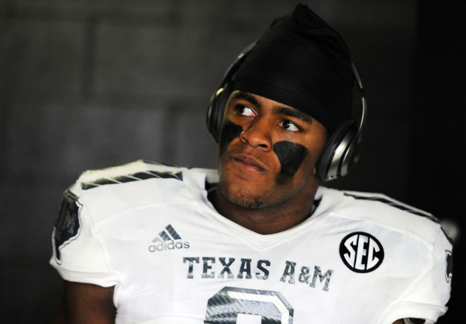 Nov 21, 2015; Nashville, TN, USA; Texas A&M Aggies defensive lineman Qualen Cunningham (9) prior to the game against the Vanderbilt Commodores at Vanderbilt Stadium. Mandatory Credit: Christopher Hanewinckel-USA TODAY Sports