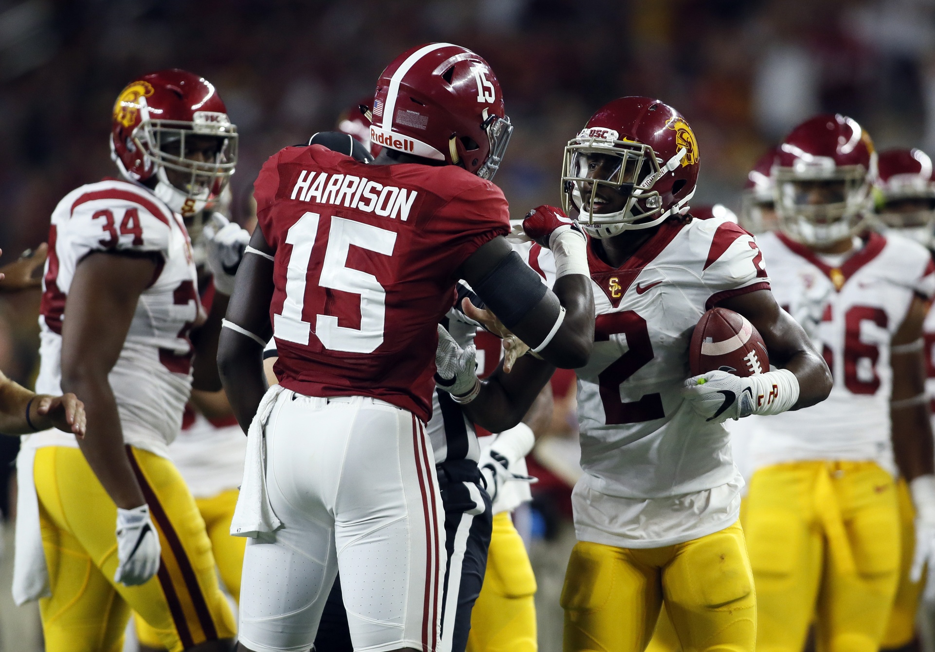 Sep 3, 2016; Arlington, TX, USA; Alabama Crimson Tide defensive back Ronnie Harrison (15) scuffles with USC Trojans defensive back Adoree' Jackson (2) during the first half at AT&T Stadium. Mandatory Credit: Tim Heitman-USA TODAY Sports