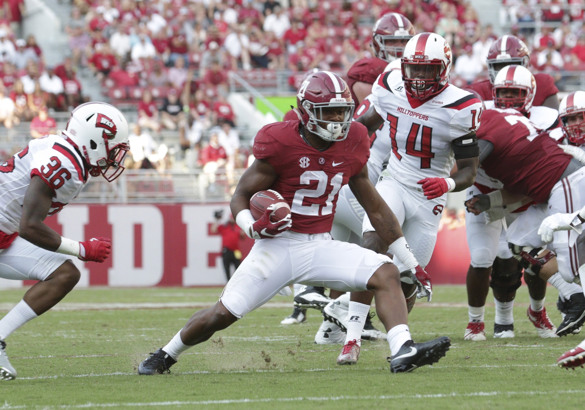 Sep 10, 2016; Tuscaloosa, AL, USA; Alabama Crimson Tide running back B.J. Emmons (21) carries the ball against the Western Kentucky Hilltoppers at Bryant-Denny Stadium. The Tide defeated the Hilltoppers 38-10. Mandatory Credit: Marvin Gentry-USA TODAY Sports