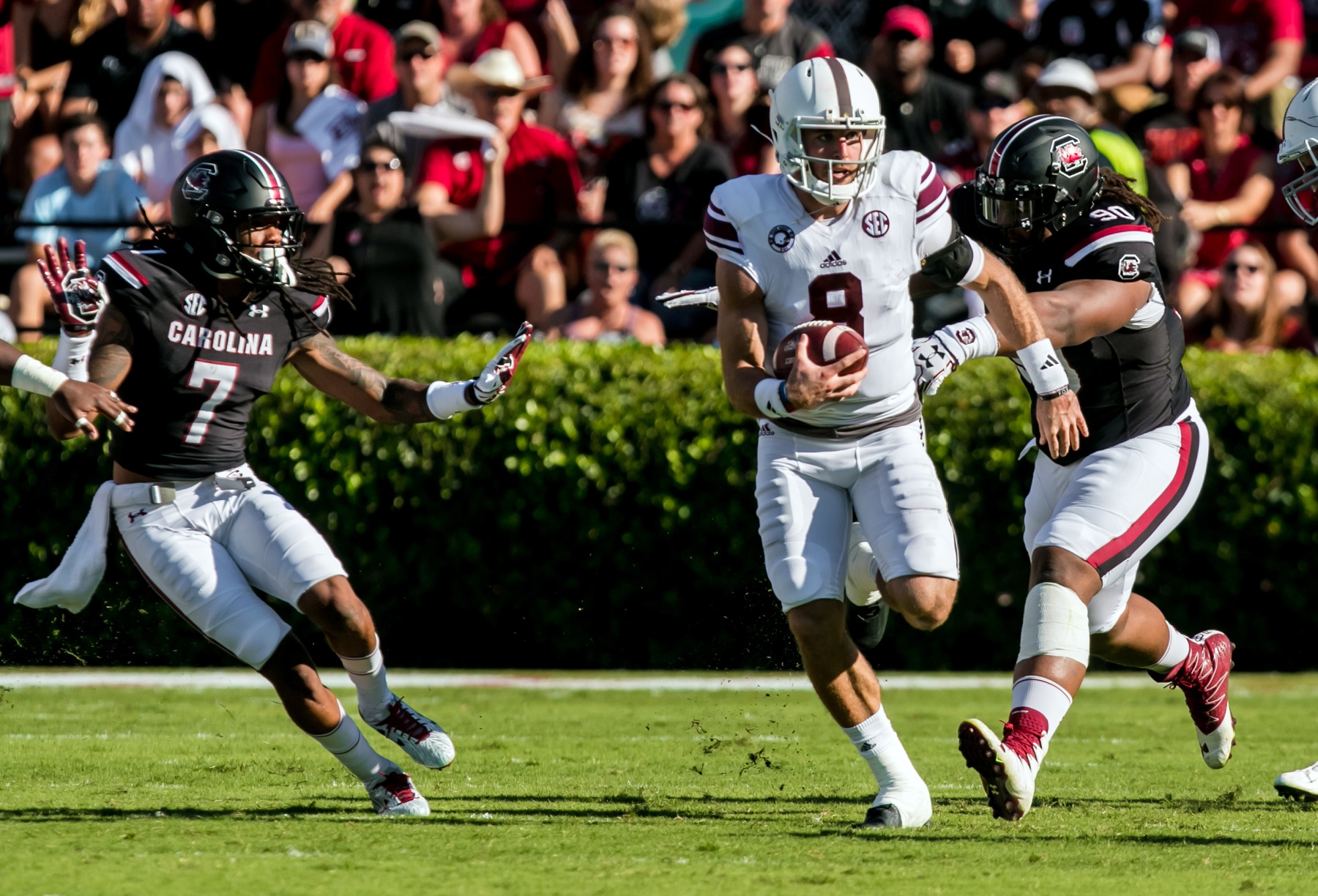 Oct 1, 2016; Columbia, SC, USA; Texas A&M Aggies quarterback Trevor Knight (8) makes a big rush against the South Carolina Gamecocks at Williams-Brice Stadium. Mandatory Credit: Jeff Blake-USA TODAY Sports