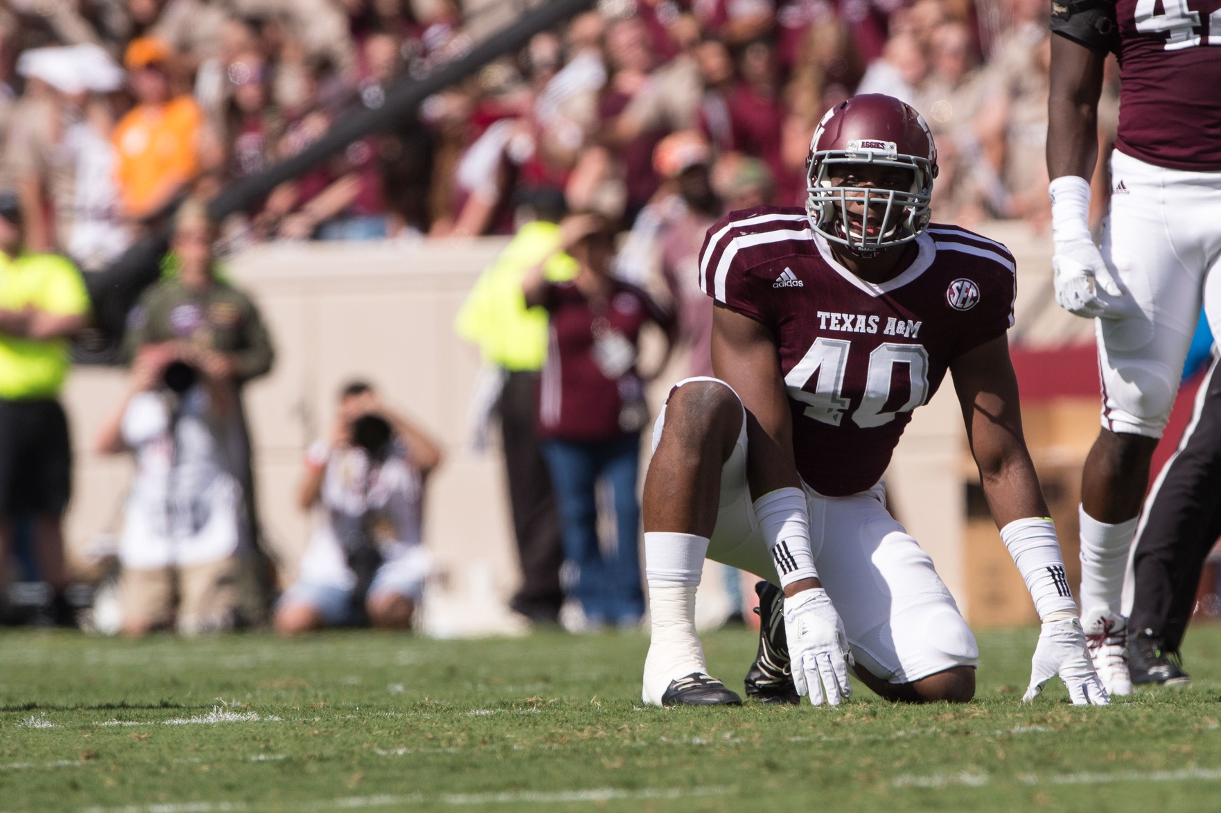 Oct 8, 2016; College Station, TX, USA; Texas A&M Aggies defensive lineman Jarrett Johnson (40) in action during the game against the Tennessee Volunteers at Kyle Field. The Aggies defeat the Volunteers 45-38 in overtime. Mandatory Credit: Jerome Miron-USA TODAY Sports