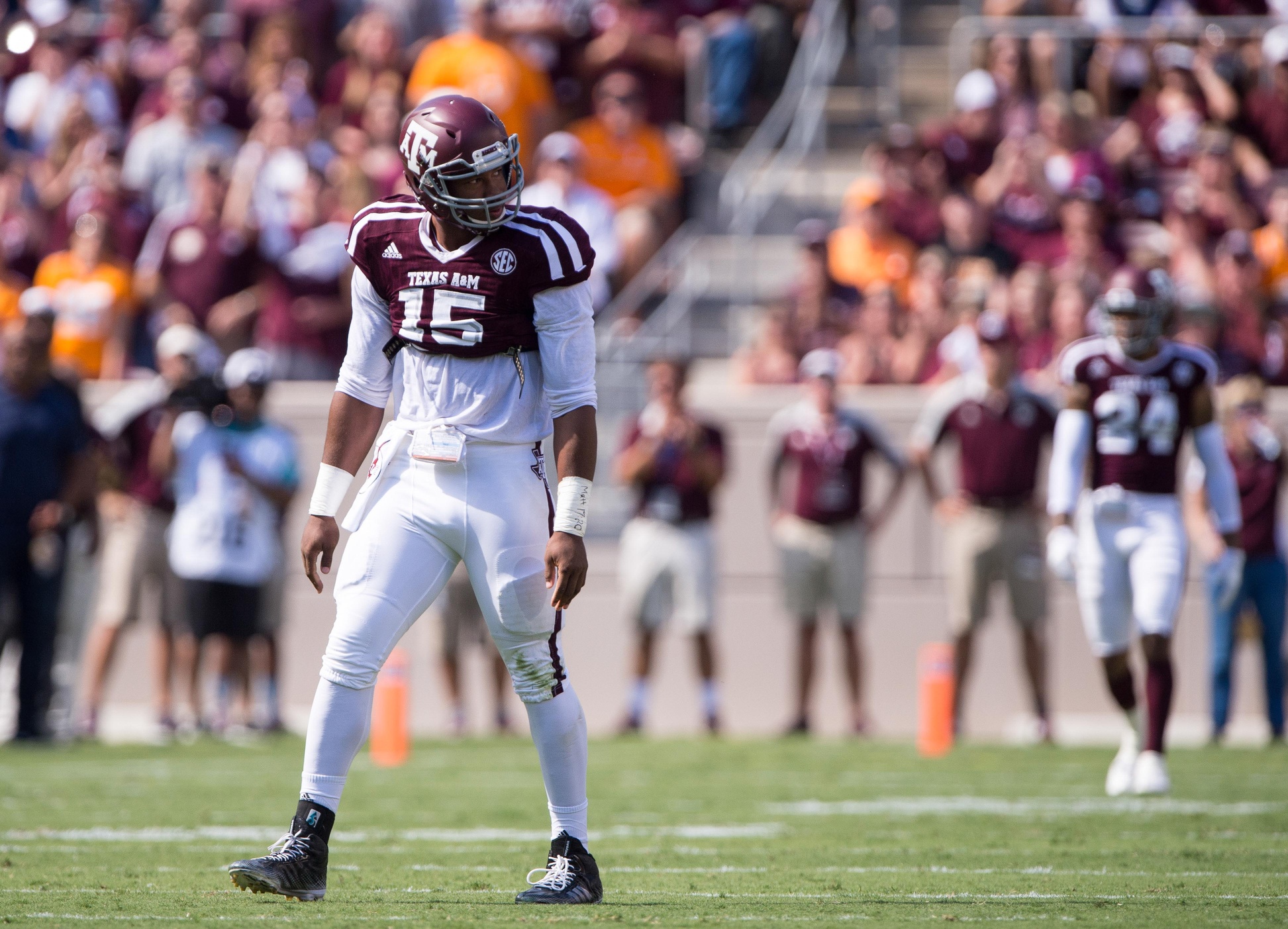 Oct 8, 2016; College Station, TX, USA; Texas A&M Aggies defensive lineman Myles Garrett (15) in action during the game against the Tennessee Volunteers at Kyle Field. The Aggies defeat the Volunteers 45-38 in overtime. Mandatory Credit: Jerome Miron-USA TODAY Sports