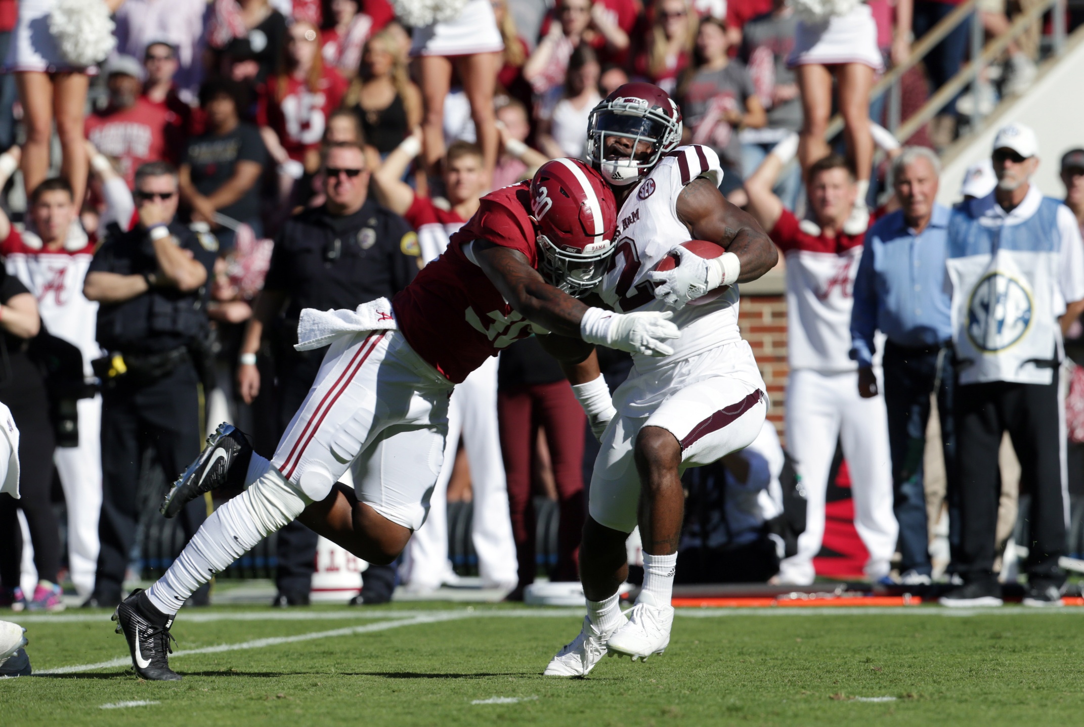 Oct 22, 2016; Tuscaloosa, AL, USA; Alabama Crimson Tide linebacker Mack Wilson (30) hits Texas A&M Aggies wide receiver Speedy Noil (2) during the first quarter at Bryant-Denny Stadium. Mandatory Credit: Marvin Gentry-USA TODAY Sports