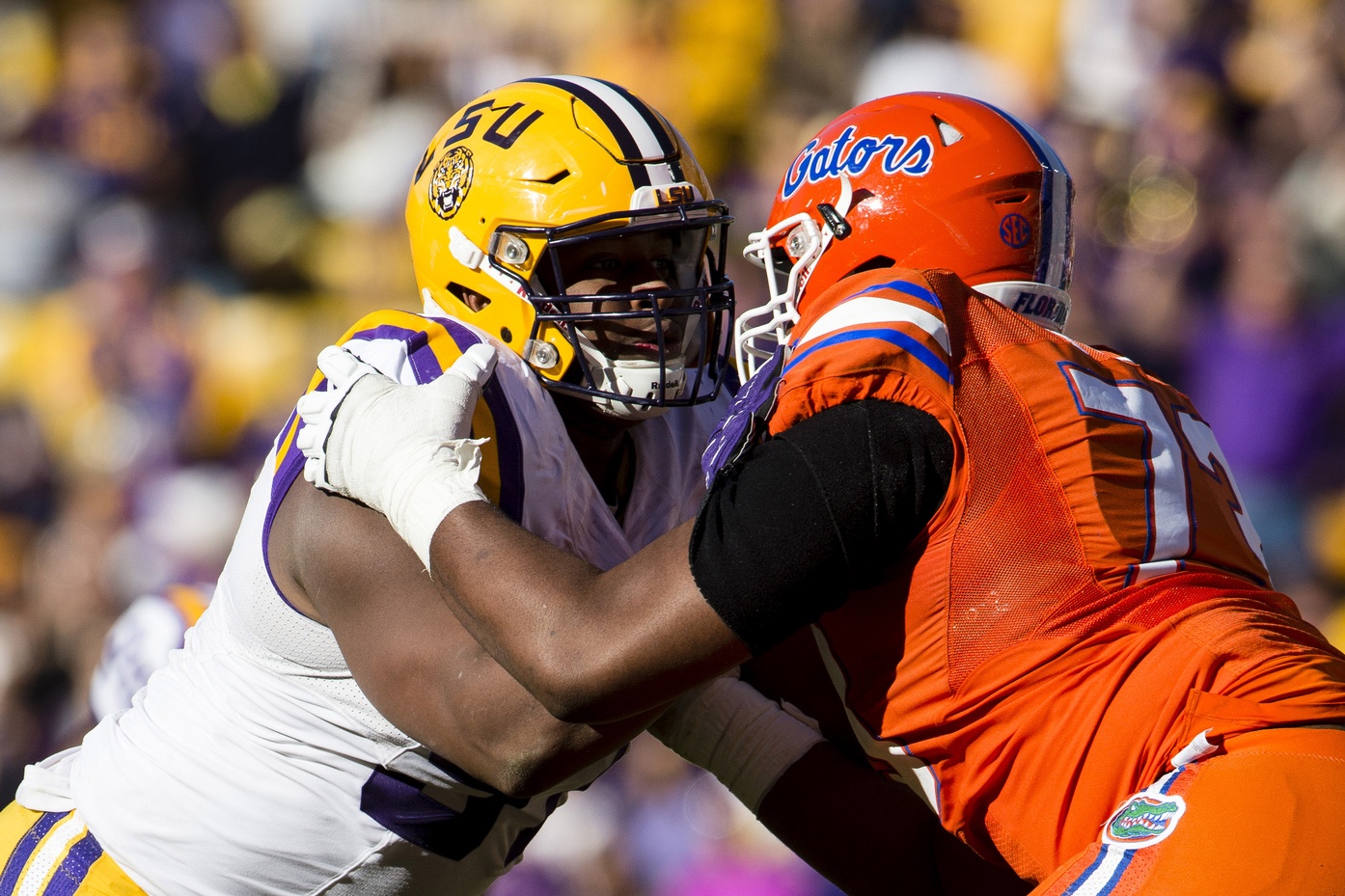 Nov 19, 2016; Baton Rouge, LA, USA; Florida Gators offensive lineman Martez Ivey (73) blocks LSU Tigers defensive tackle Davon Godchaux (57) during the second half at Tiger Stadium. The Gators defeat the Tigers 16-10. Mandatory Credit: Jerome Miron-USA TODAY Sports