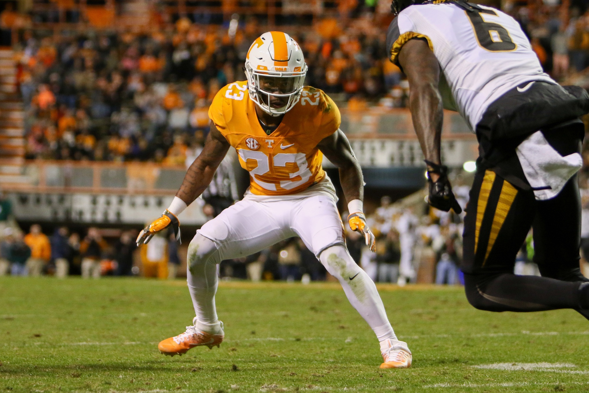 Nov 19, 2016; Knoxville, TN, USA; Tennessee Volunteers defensive back Cameron Sutton (23) defends during the second half against the Missouri Tigers at Neyland Stadium. Tennessee won 63-37. Mandatory Credit: Randy Sartin-USA TODAY Sports