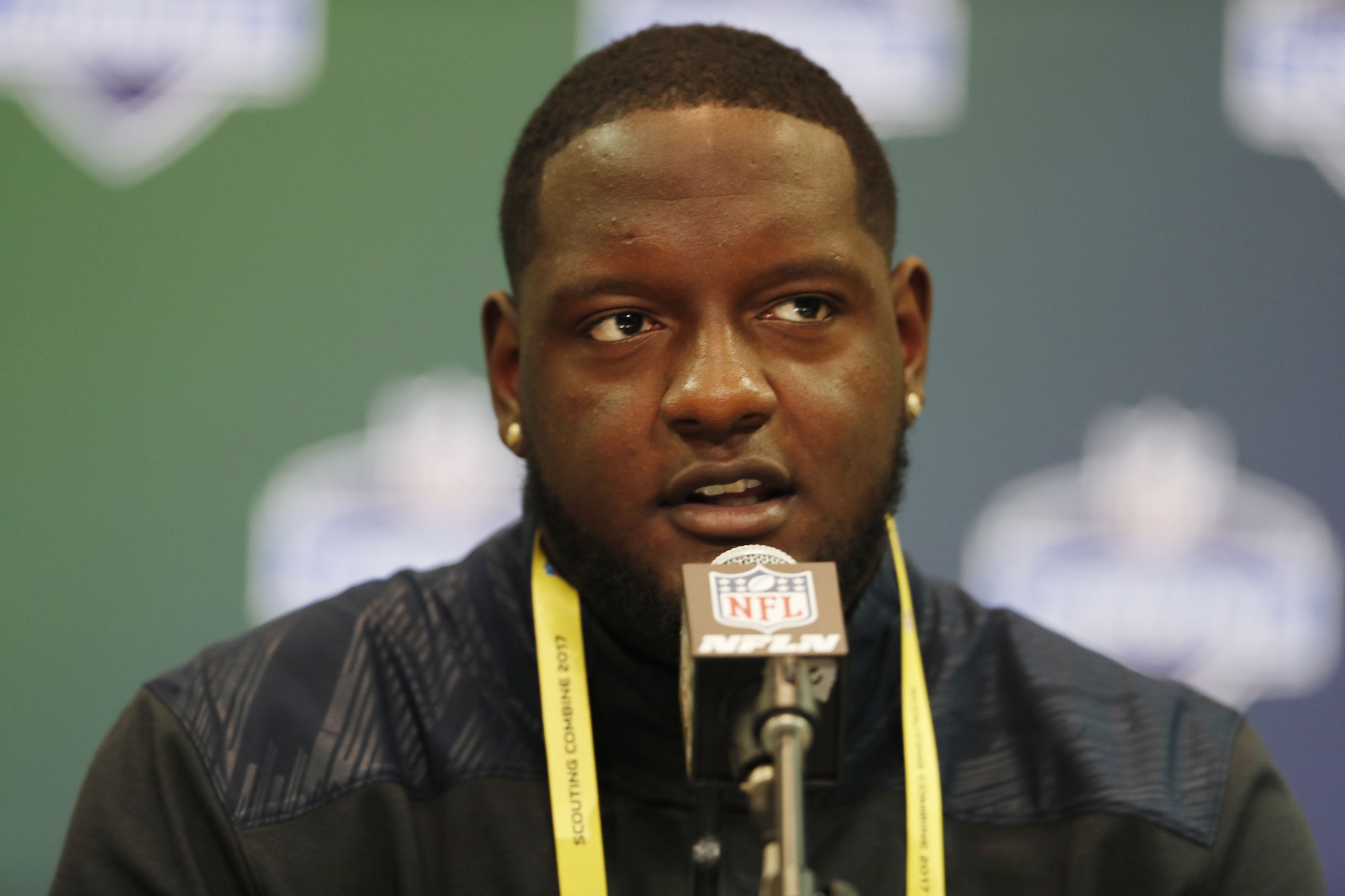 Mar 2, 2017; Indianapolis, IN, USA; Alabama Crimson Tide offensive lineman Cam Robinson speaks to the media during the 2017 NFL Combine at the Indiana Convention Center. Mandatory Credit: Brian Spurlock-USA TODAY Sports