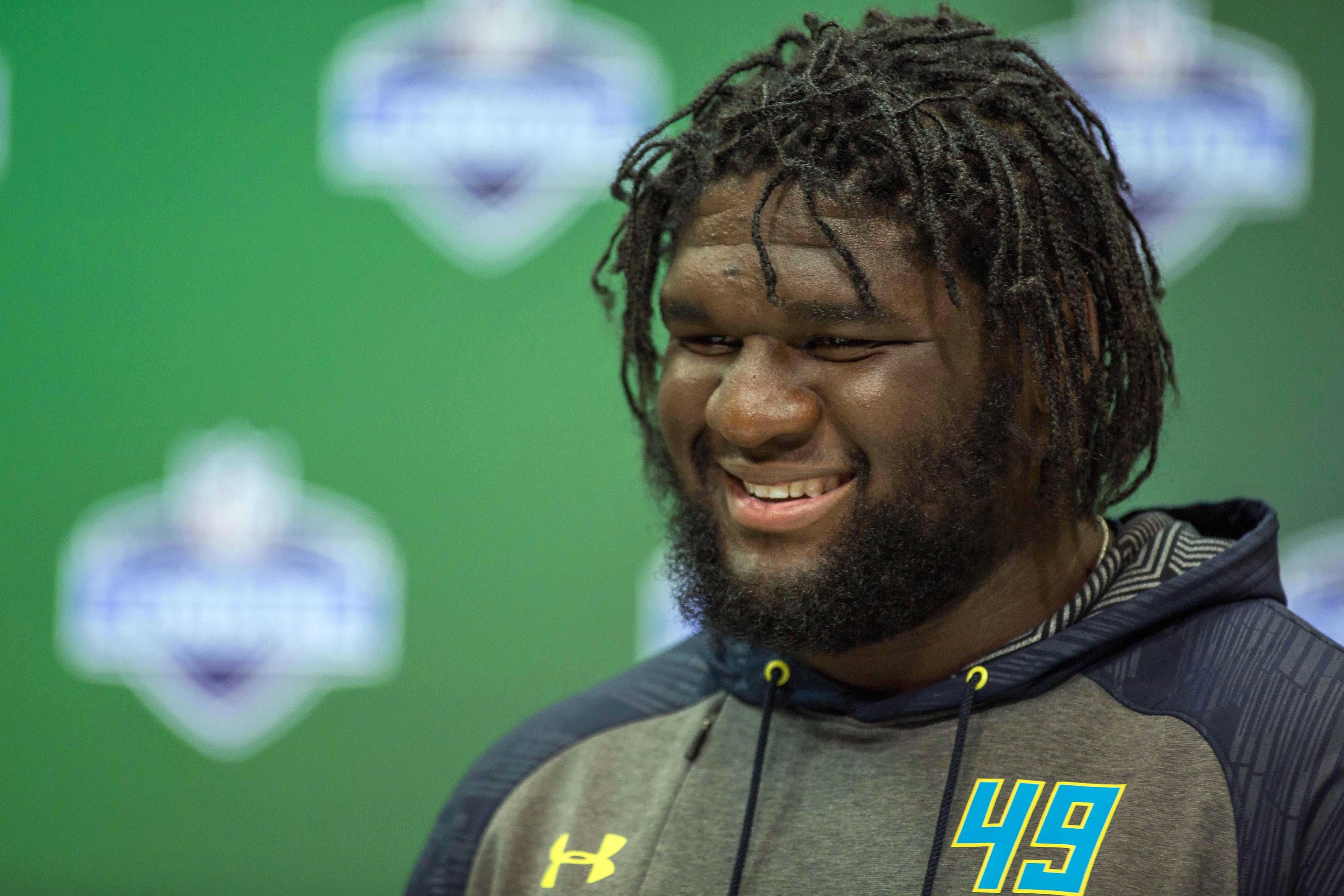 Mar 4, 2017; Indianapolis, IN, USA; Alabama defensive tackle Dalvin Tomlinson speaks to the media during the 2017 combine at Indiana Convention Center. Mandatory Credit: Trevor Ruszkowski-USA TODAY Sports
