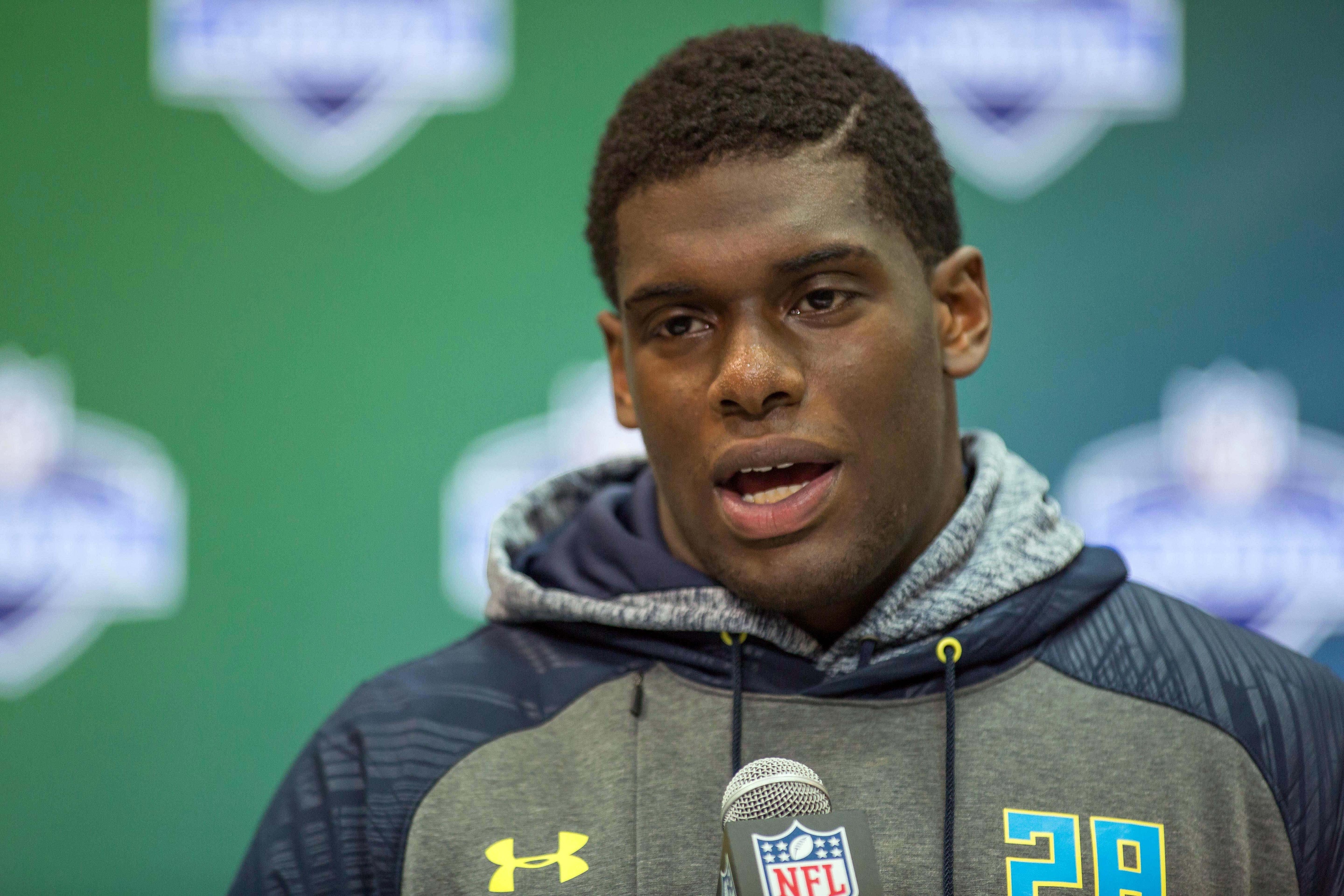 Mar 4, 2017; Indianapolis, IN, USA; Auburn defensive end Carl Lawson speaks to the media during the 2017 combine at Indiana Convention Center. Mandatory Credit: Trevor Ruszkowski-USA TODAY Sports