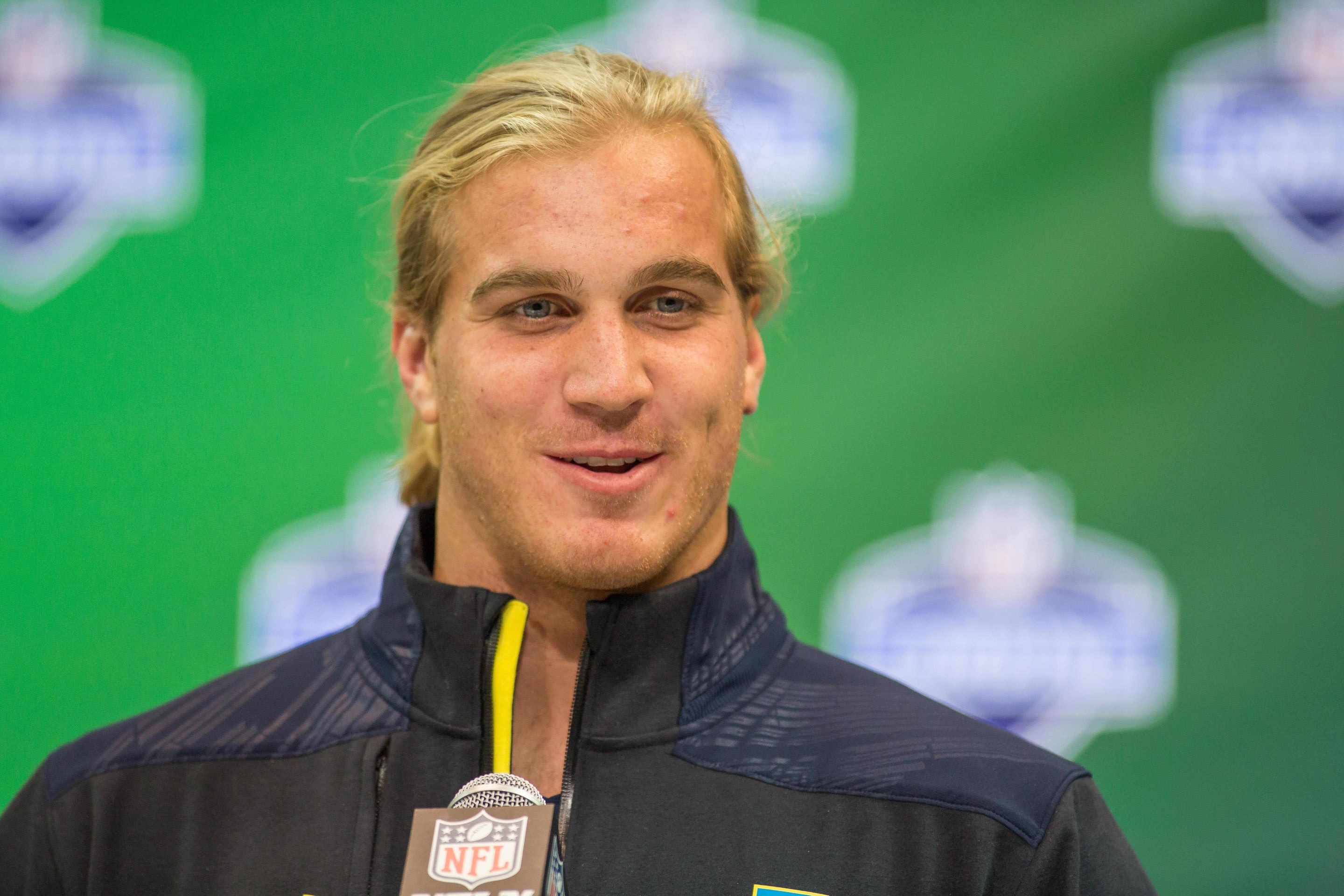 Mar 4, 2017; Indianapolis, IN, USA; Florida linebacker Alex Anzalone speaks to the media during the 2017 combine at Indiana Convention Center. Mandatory Credit: Trevor Ruszkowski-USA TODAY Sports