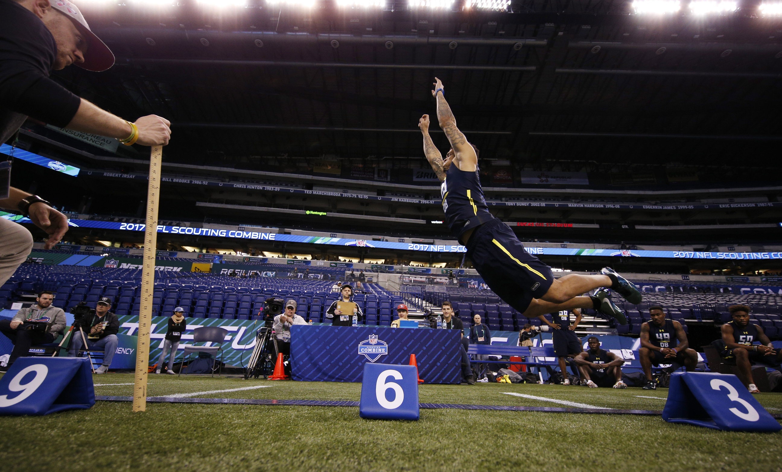 Mar 6, 2017; Indianapolis, IN, USA; Florida Gators defensive back Teez Tabor does the broad jump during the 2017 NFL Combine at Lucas Oil Stadium. Mandatory Credit: Brian Spurlock-USA TODAY Sports