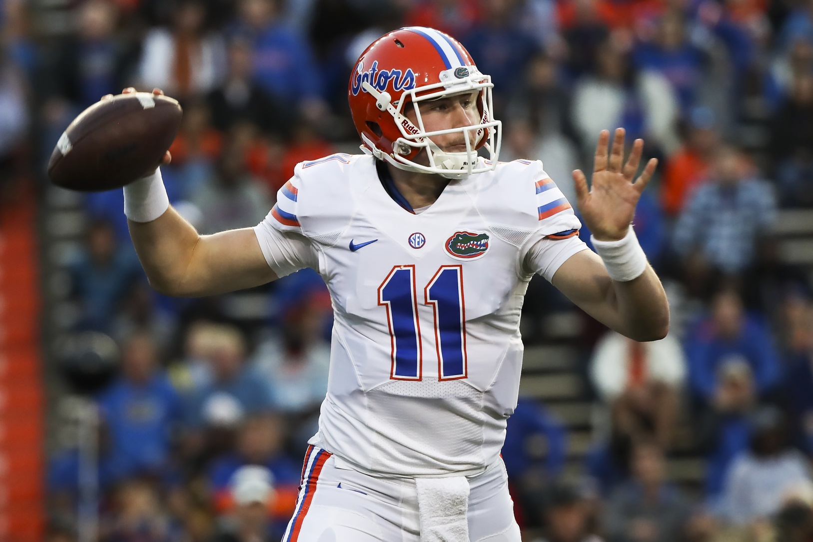 Apr 7, 2017; Gainesville, FL, USA; Florida Gators quarterback Kyle Trask (11) throws the ball during the orange and blue debut at Ben Hill Griffin Stadium. Mandatory Credit: Logan Bowles-USA TODAY Sports