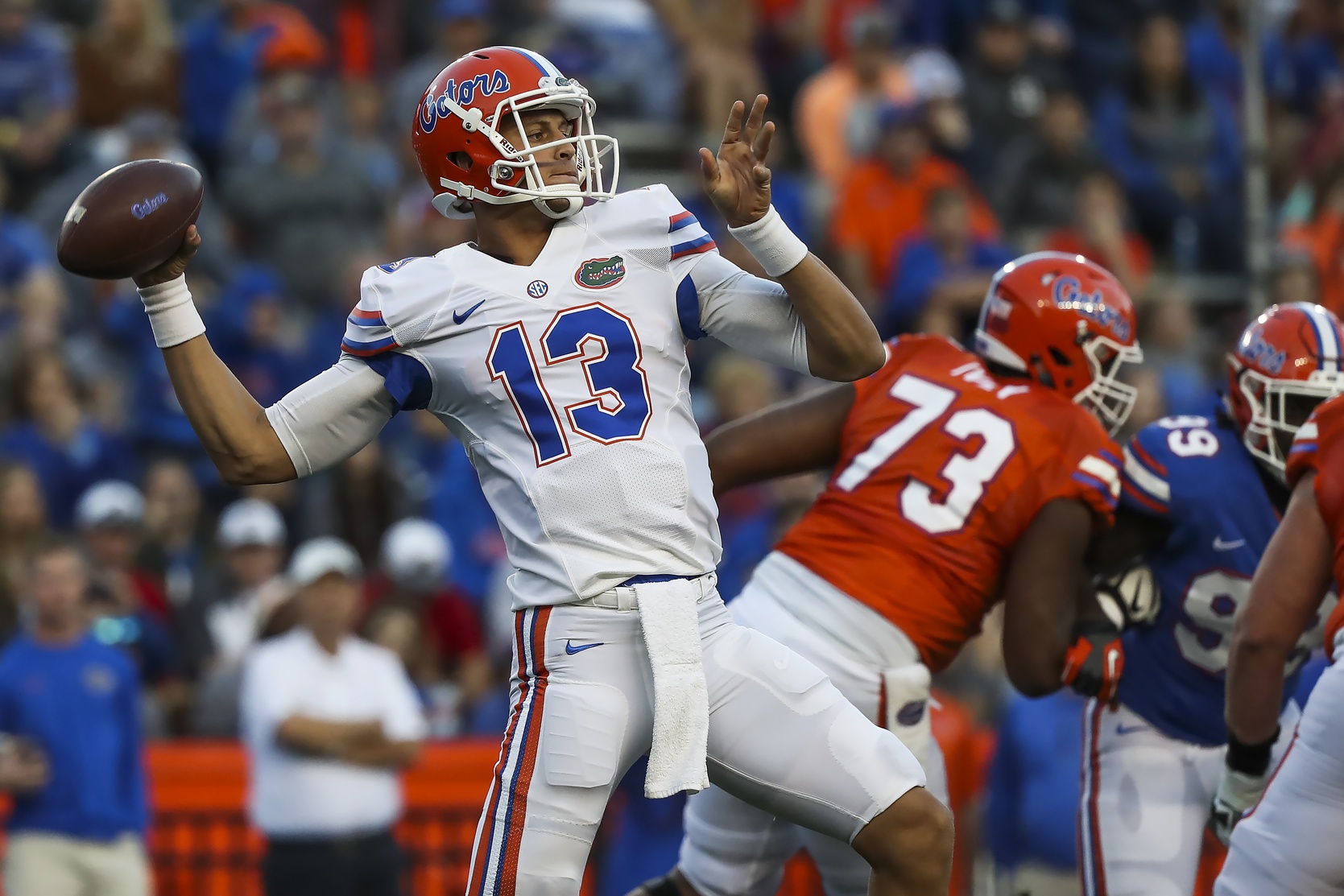 Apr 7, 2017; Gainesville, FL, USA; Florida Gators quarterback Feleipe Franks (13) throws a pass during the orange and blue debut at Ben Hill Griffin Stadium. Mandatory Credit: Logan Bowles-USA TODAY Sports