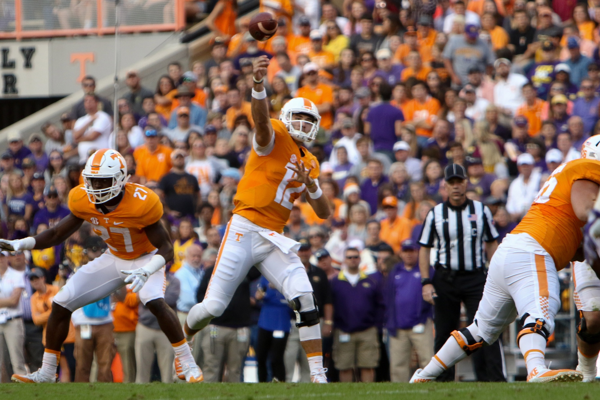 Nov 5, 2016; Knoxville, TN, USA; Tennessee Volunteers quarterback Quinten Dormady (12) throws a pass during the second quarter against the Tennessee Tech Golden Eagles at Neyland Stadium. Mandatory Credit: Randy Sartin-USA TODAY Sports