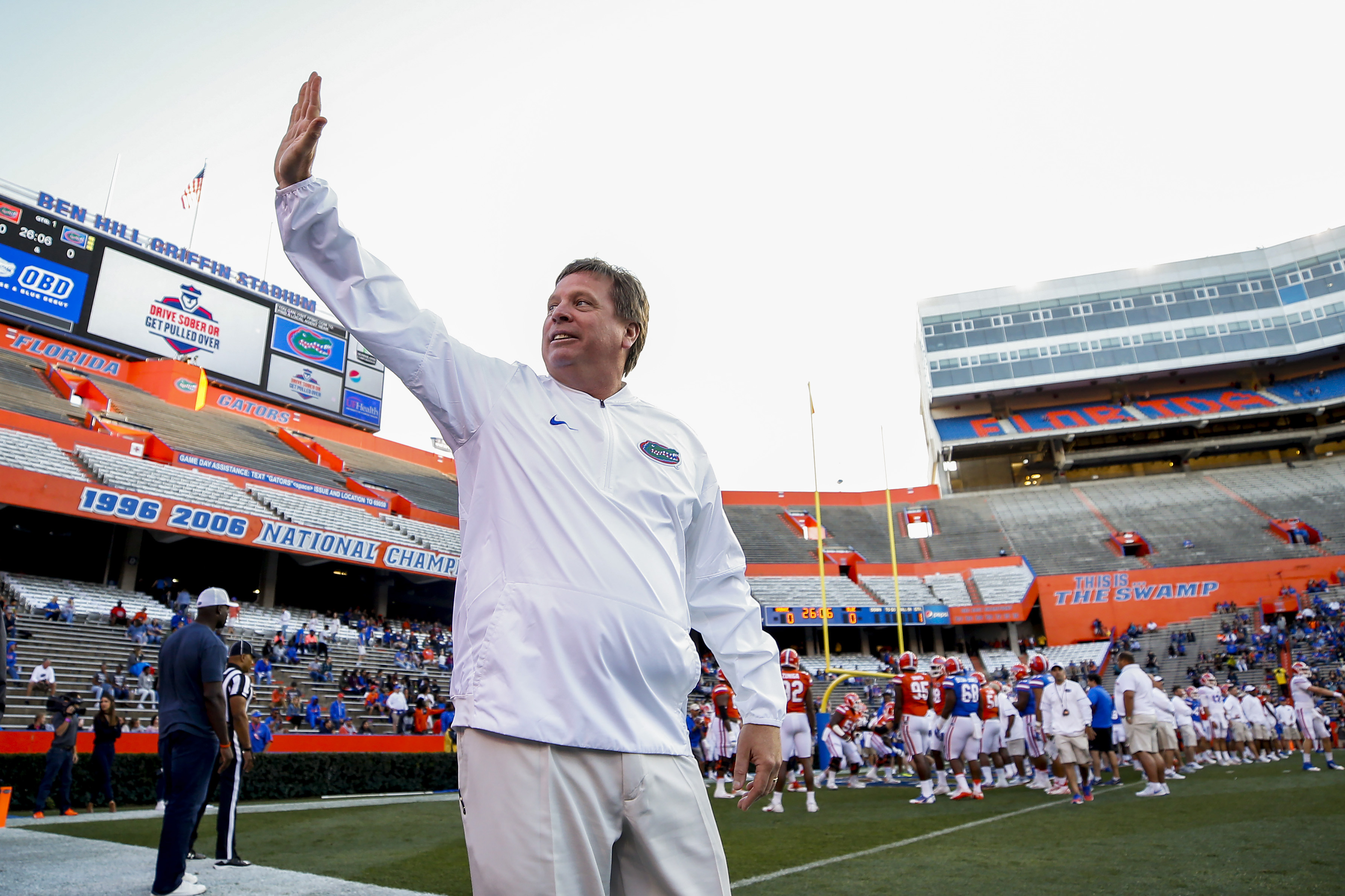 Apr 7, 2017; Gainesville, FL, USA; Florida Gators head coach Jim McElwain waves to the fans from the field prior to the orange and blue debut at Ben Hill Griffin Stadium. Mandatory Credit: Logan Bowles-USA TODAY Sports