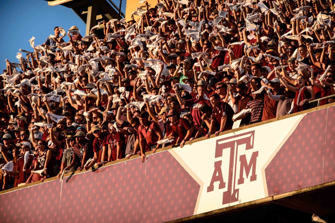 Texas A&M fans at Kyle Field are shown.